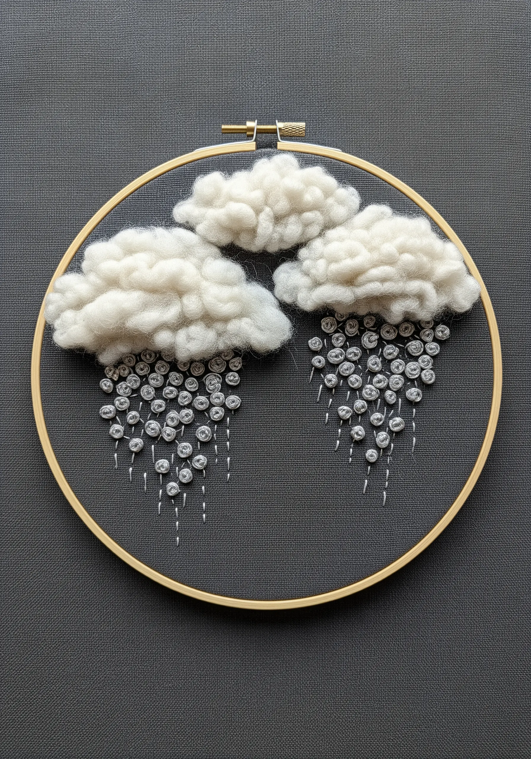 Embroidery hoop with 3D wool roving clouds and silver thread raindrops on dark grey fabric.