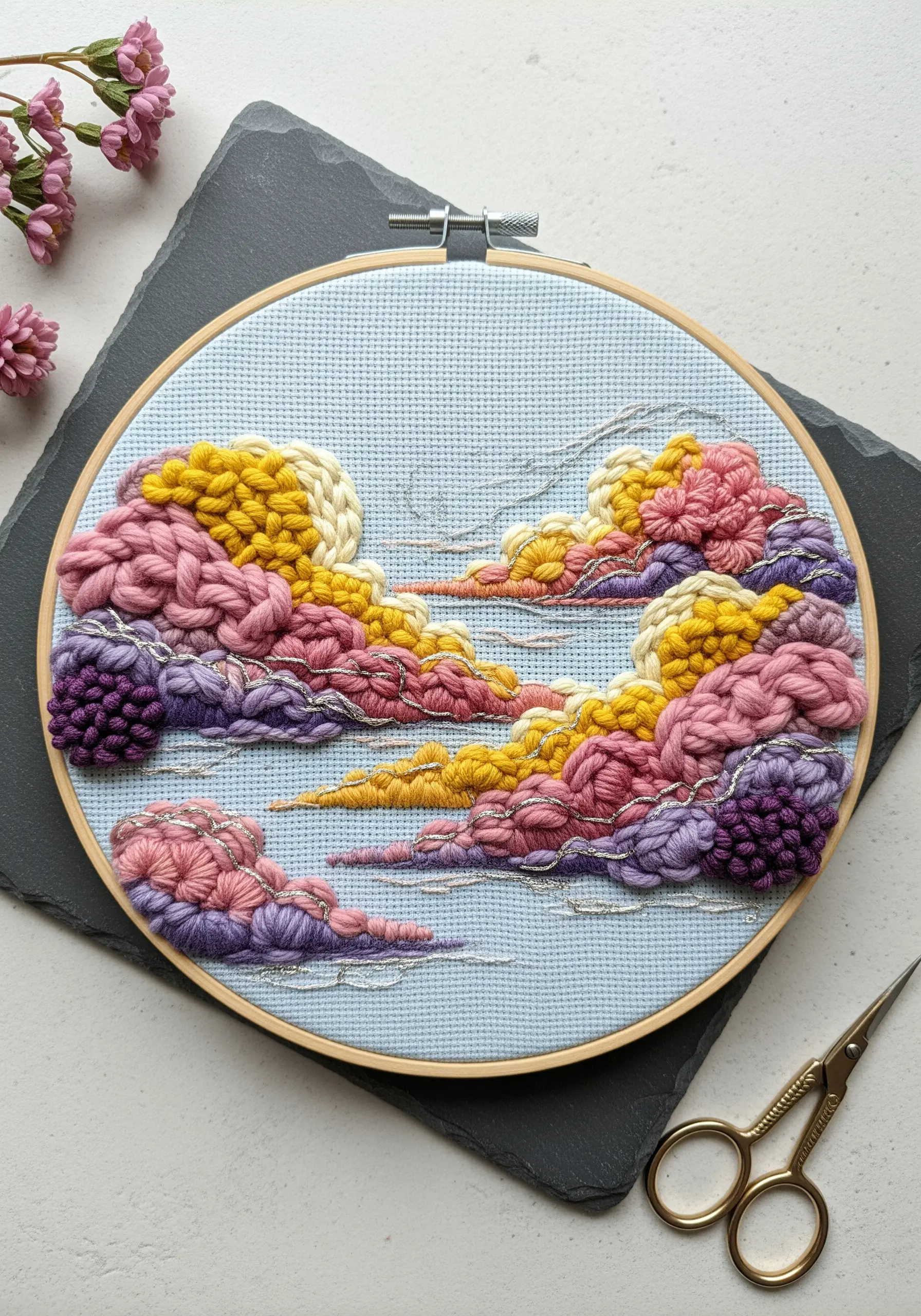 Chunky, textured clouds embroidered with thick pink, yellow, and purple yarn on Aida cloth.