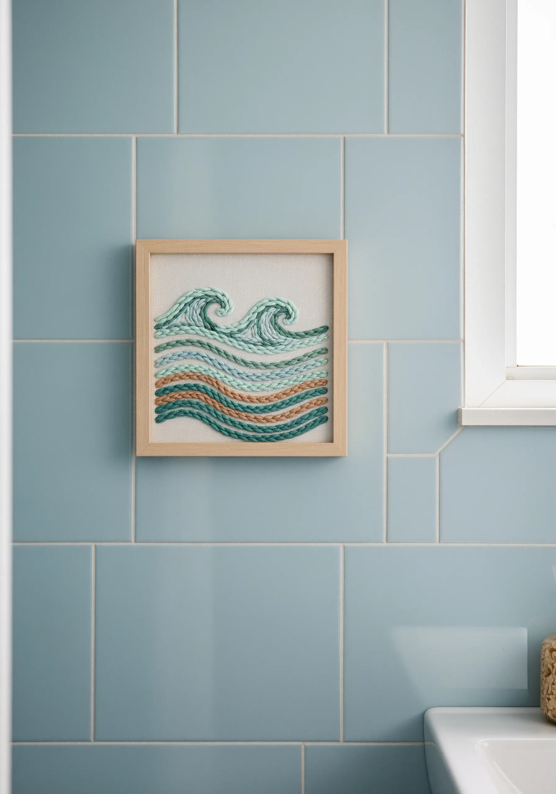 A small framed embroidery of ocean waves made with thick, textured yarn