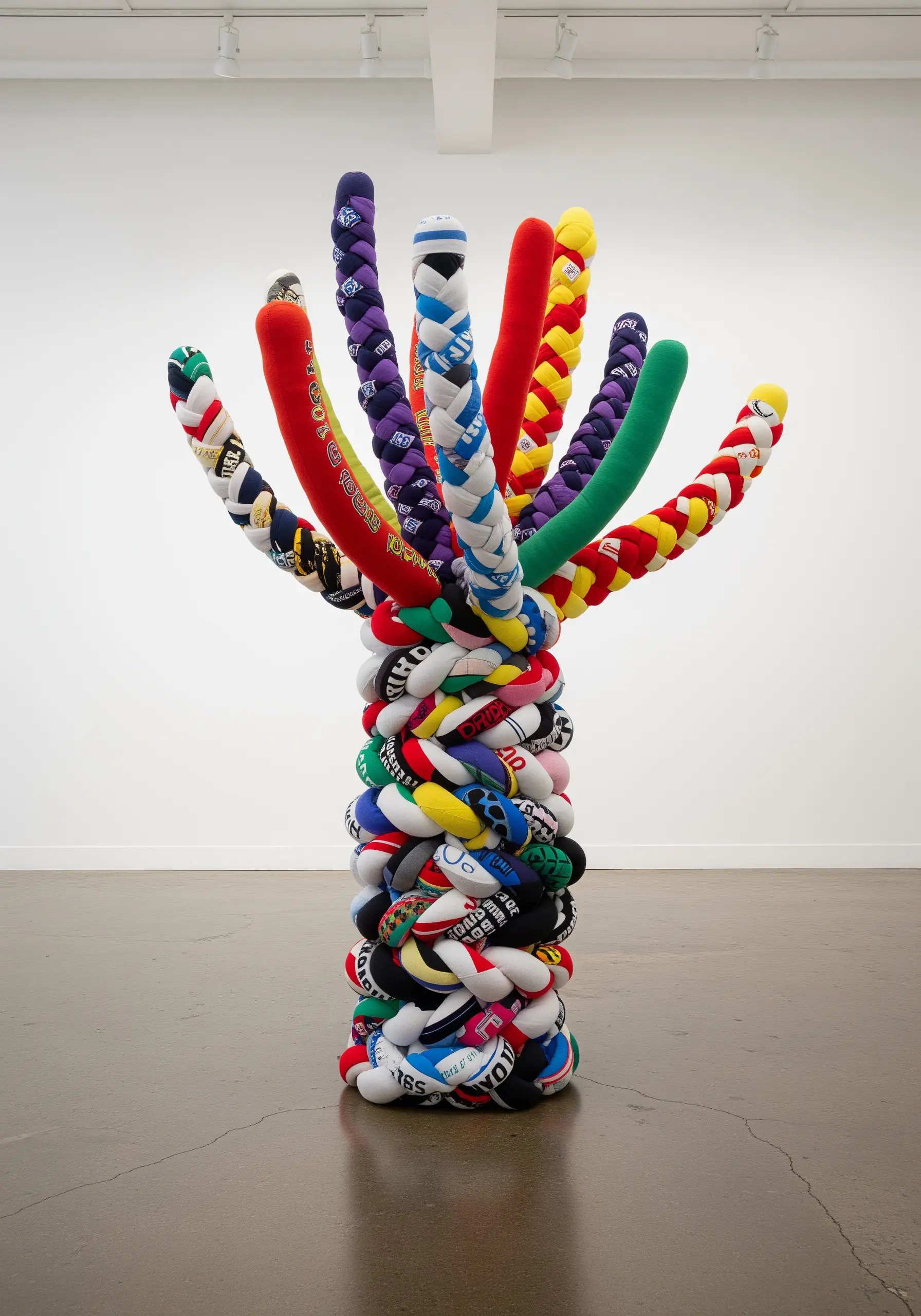 A colorful tree-like sculpture made from braided and coiled stuffed fabric from old t-shirts.