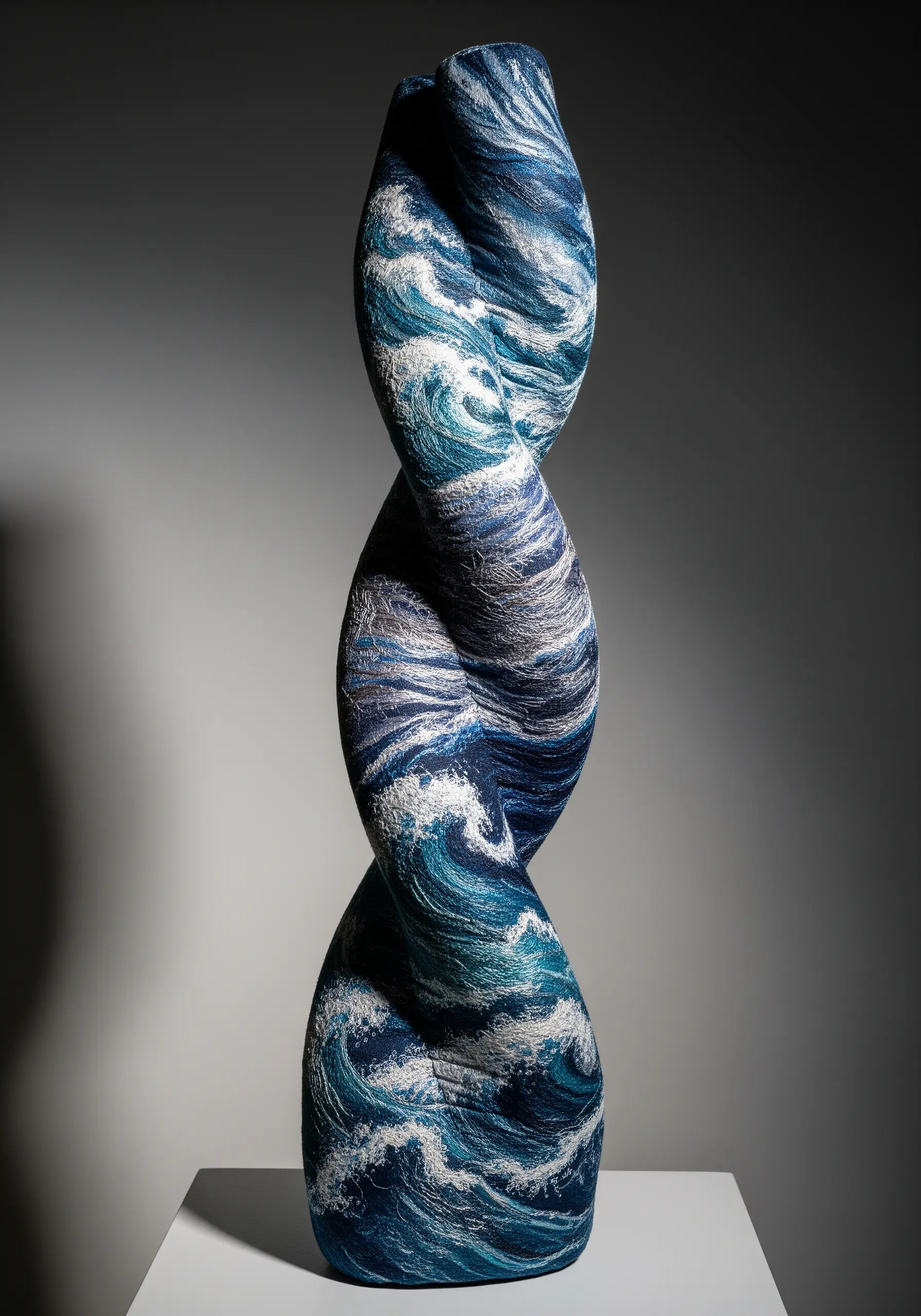 A twisted, sculptural vase covered in an embroidered blue and white wave pattern.