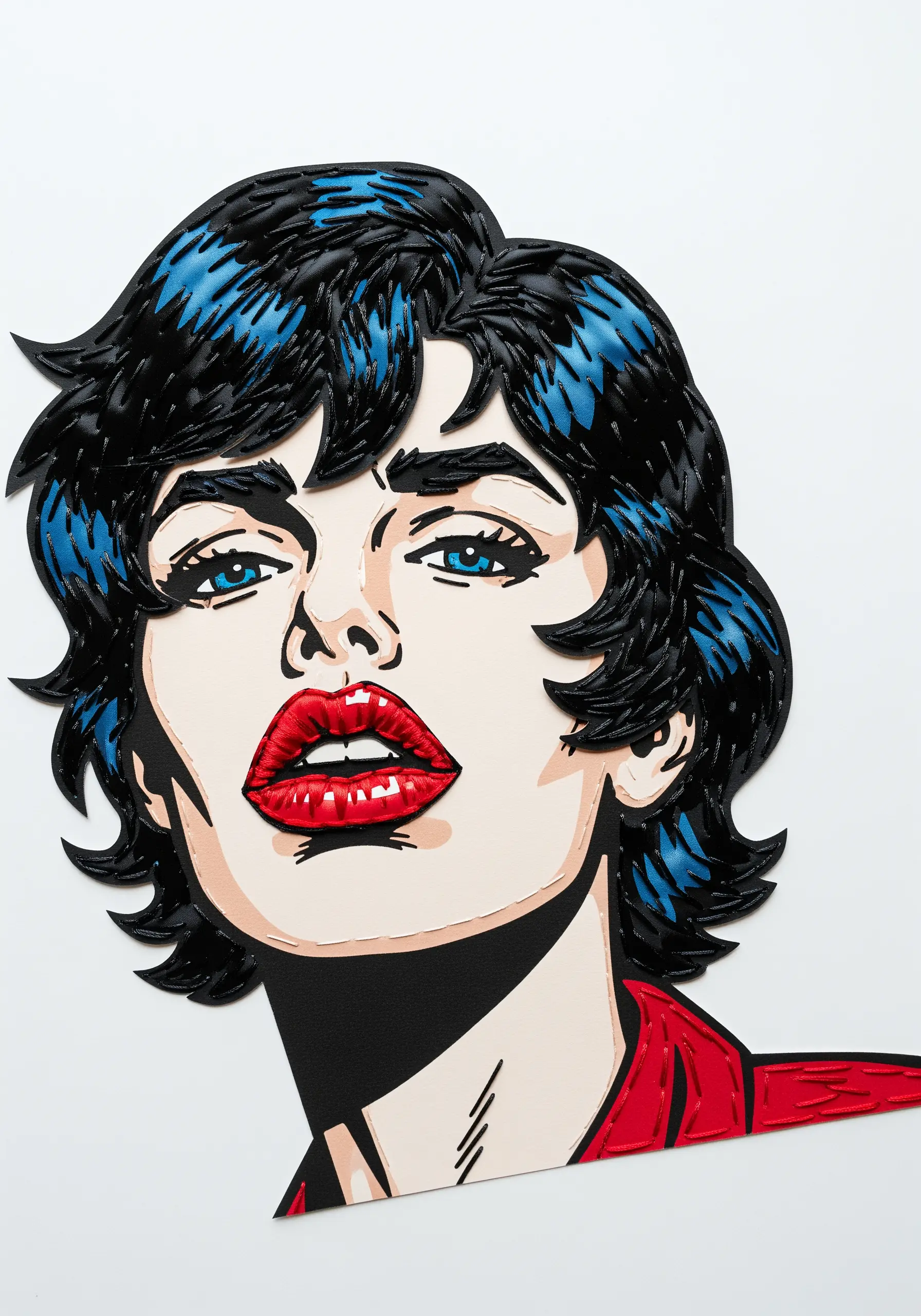A pop art portrait on paper with hair and lips filled in with directional satin stitch.