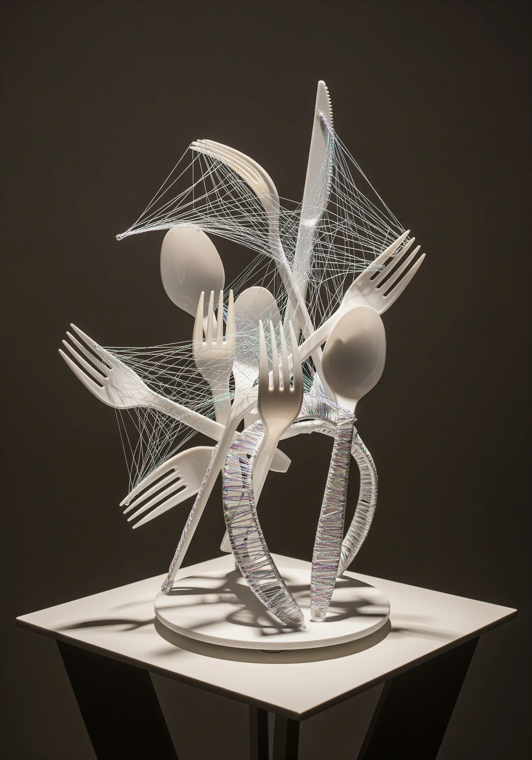 A sculpture made of white plastic cutlery, bound and connected by a web of fine, iridescent thread.
