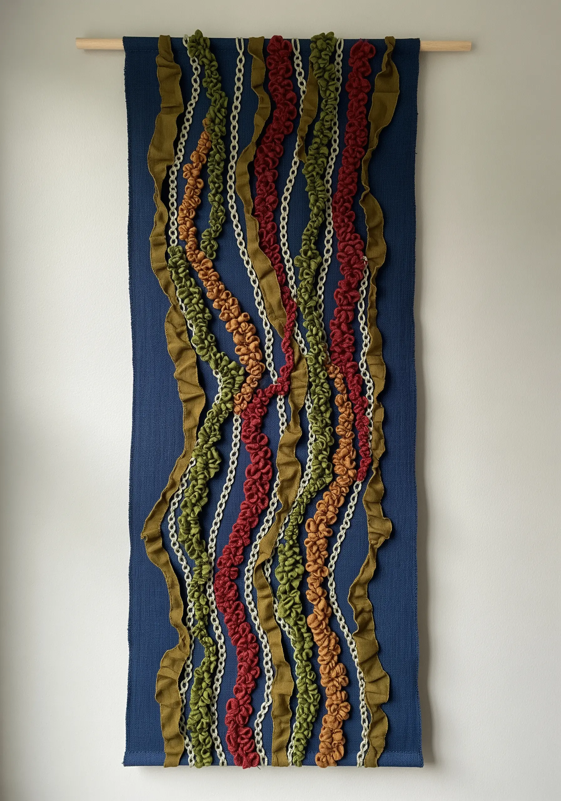 Abstract wall hanging using ruched fabric and textured yarn in earthy tones on a blue background.