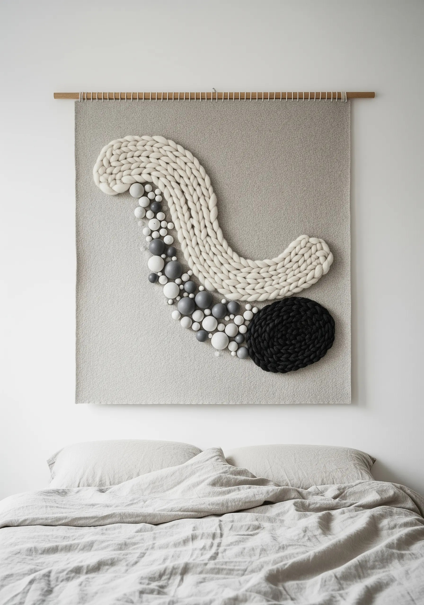 Minimalist wall hanging with a large swirl of chunky wool roving, wooden beads, and a black yarn coil.