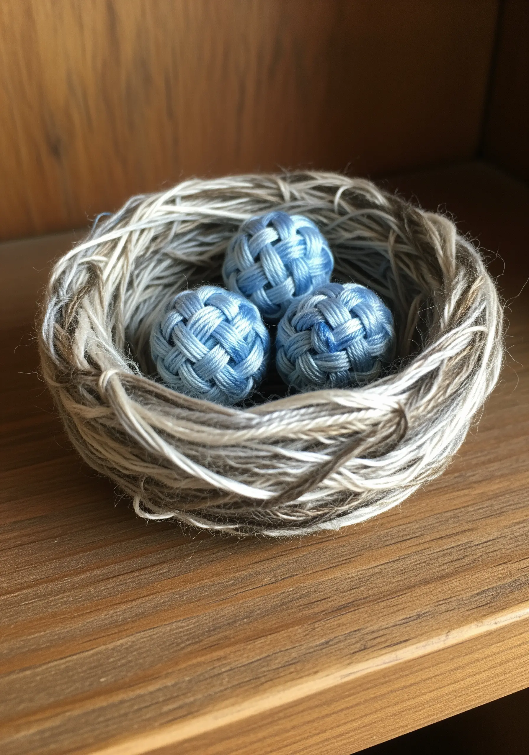 A small, sculptural bird's nest made of twine, holding three blue knotted thread eggs.