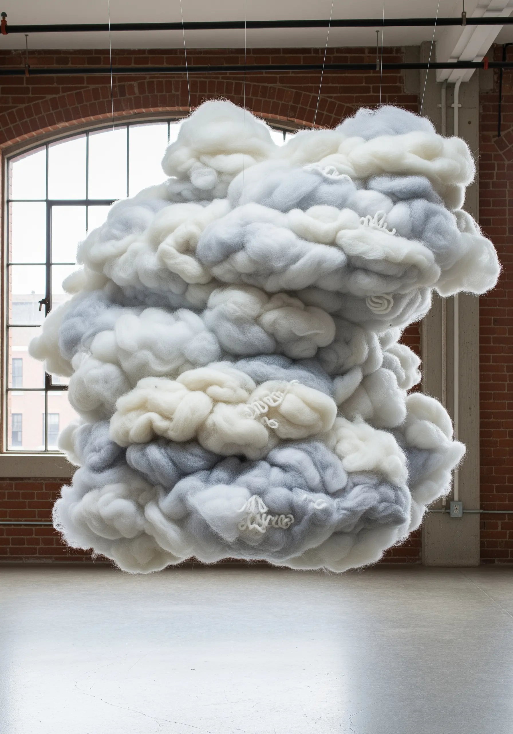 A large, fluffy cloud sculpture made from white and gray wool roving hanging in a gallery.