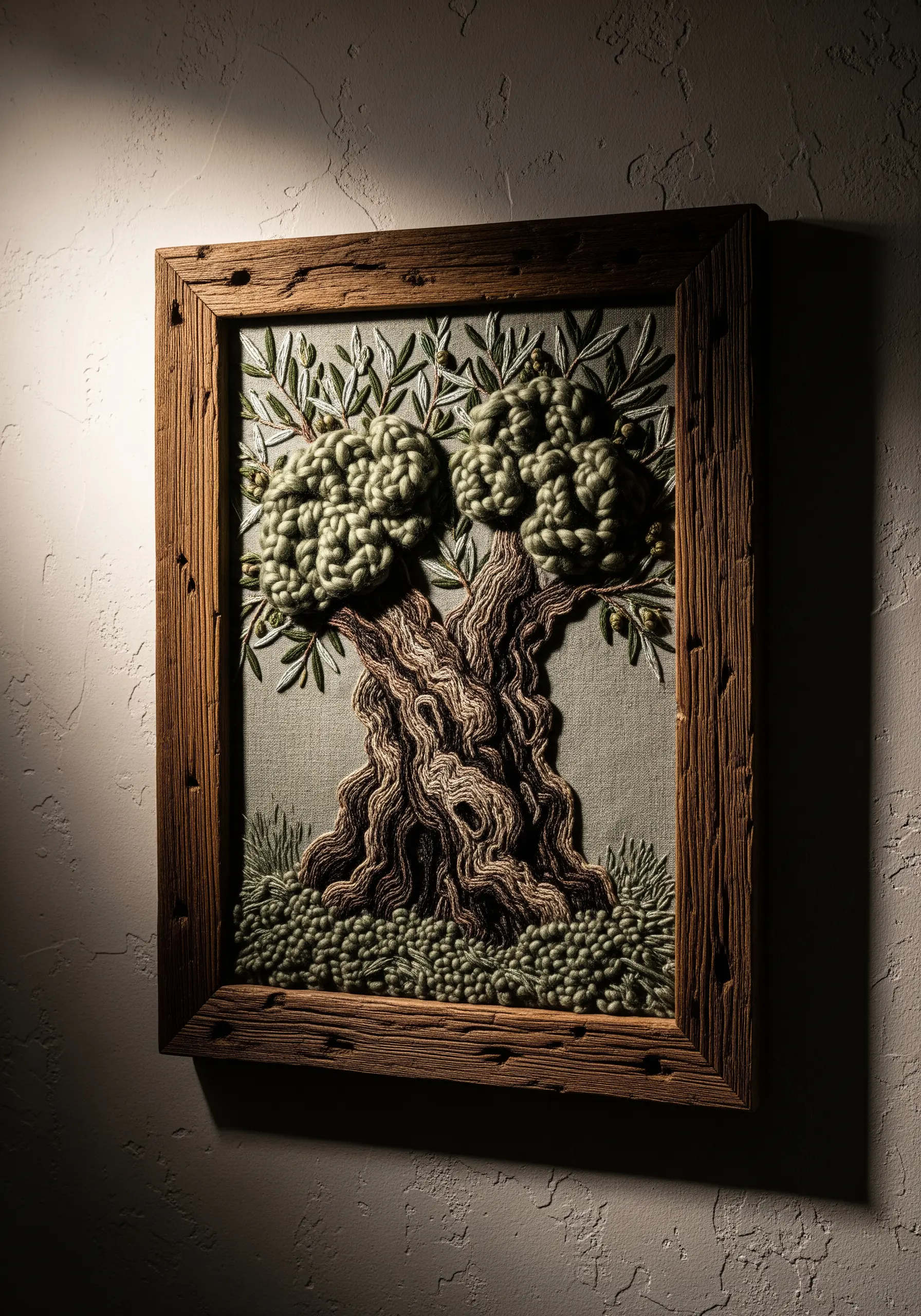 Framed, high-texture embroidery of an ancient olive tree with bulky yarn foliage.