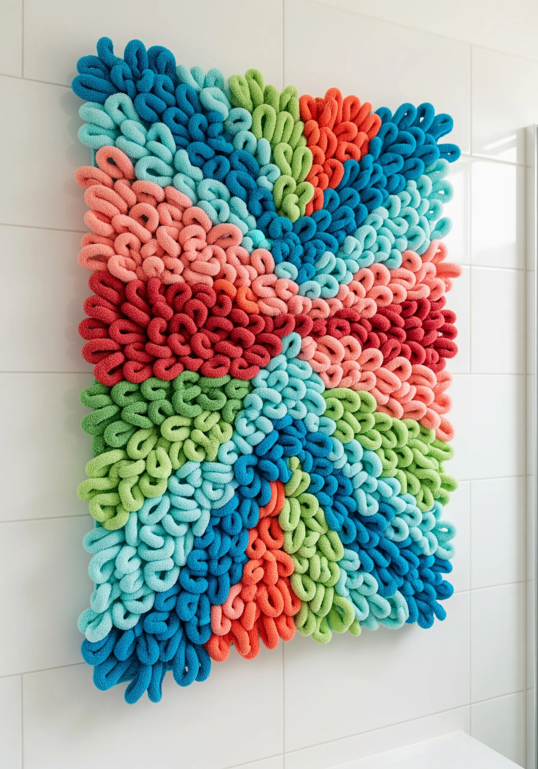 A colorful, highly textured wall hanging made of dense fabric loops in shades of blue, red, and green.
