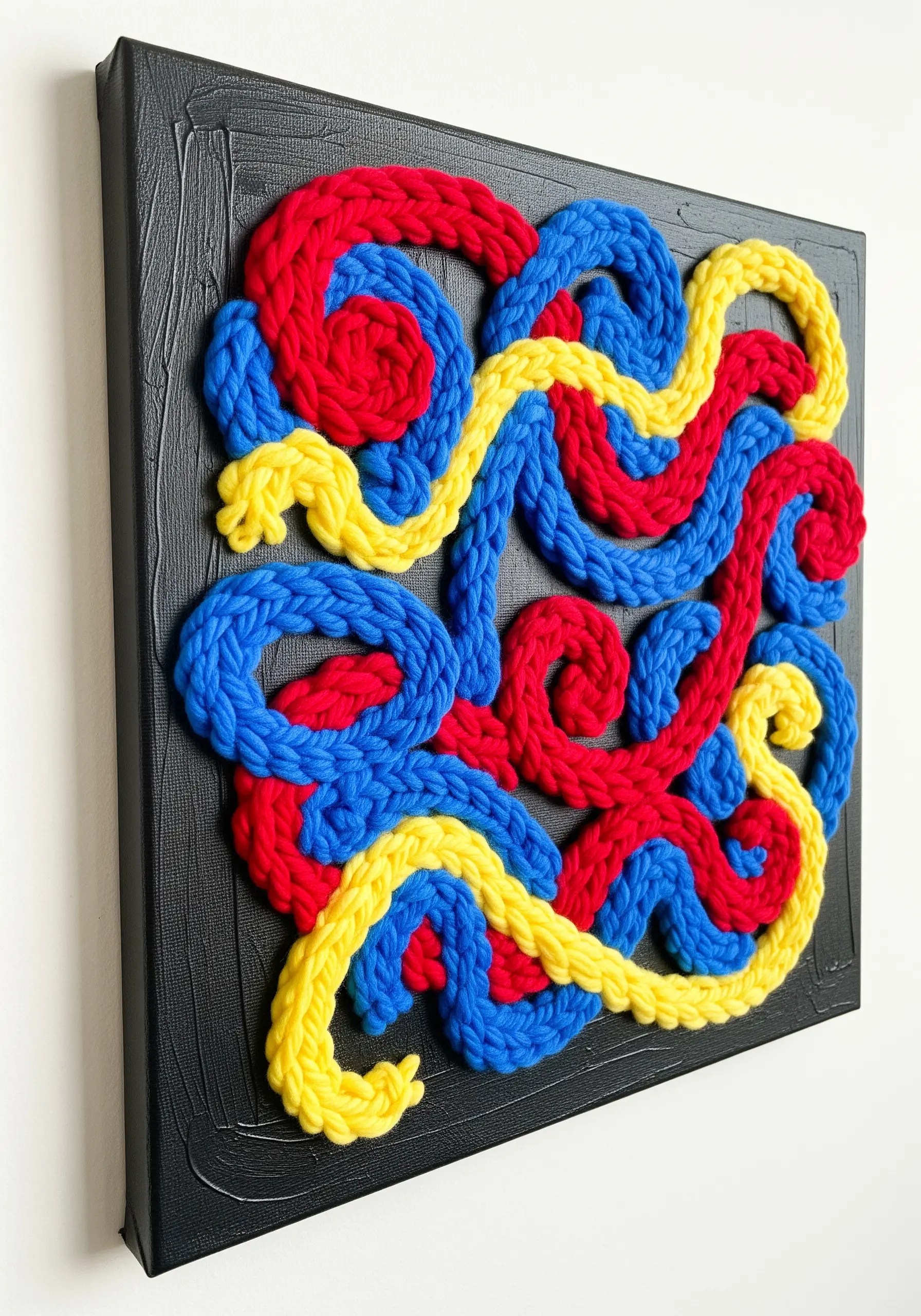 Abstract wall art with red, yellow, and blue knitted I-cord tubes on a black canvas.