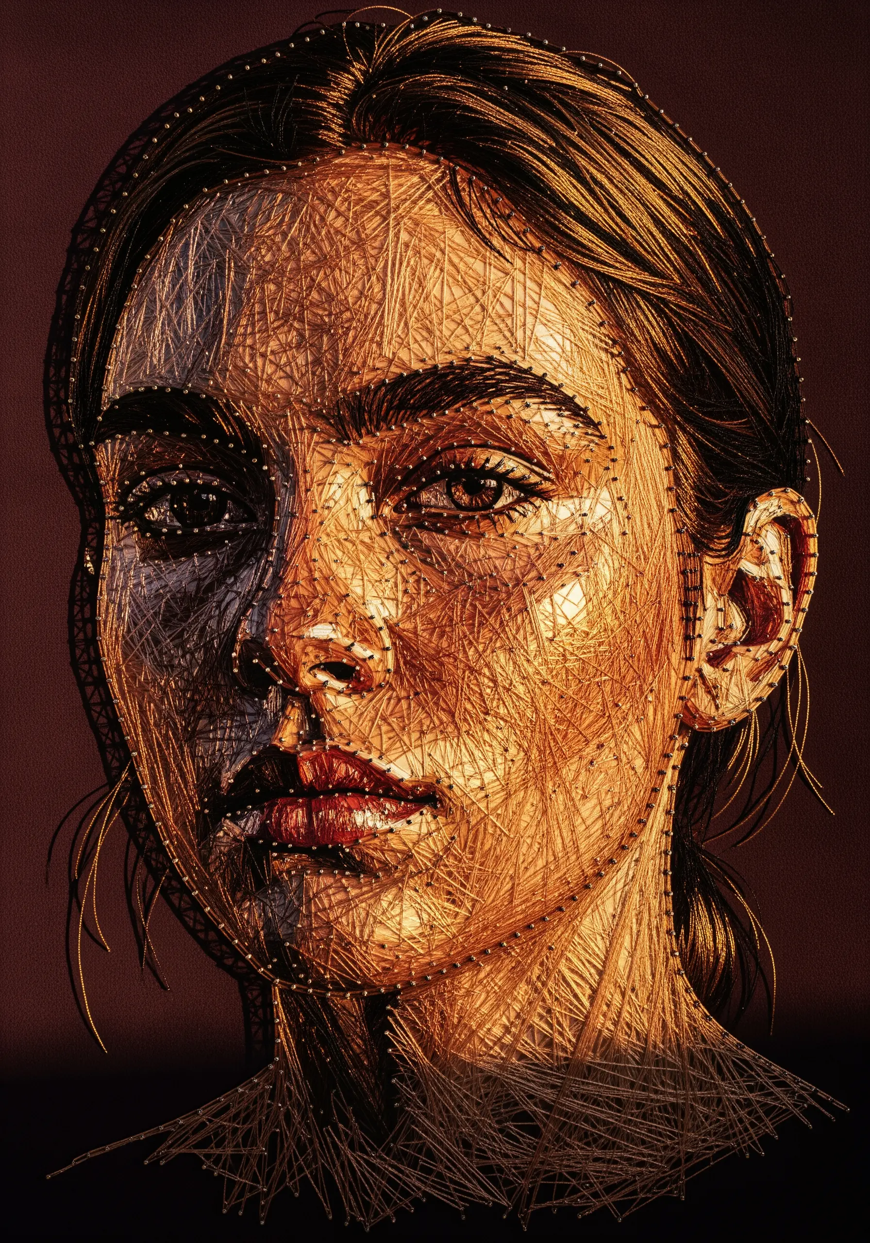A dramatic string art portrait made with shiny gold and bronze metallic threads on a dark background.