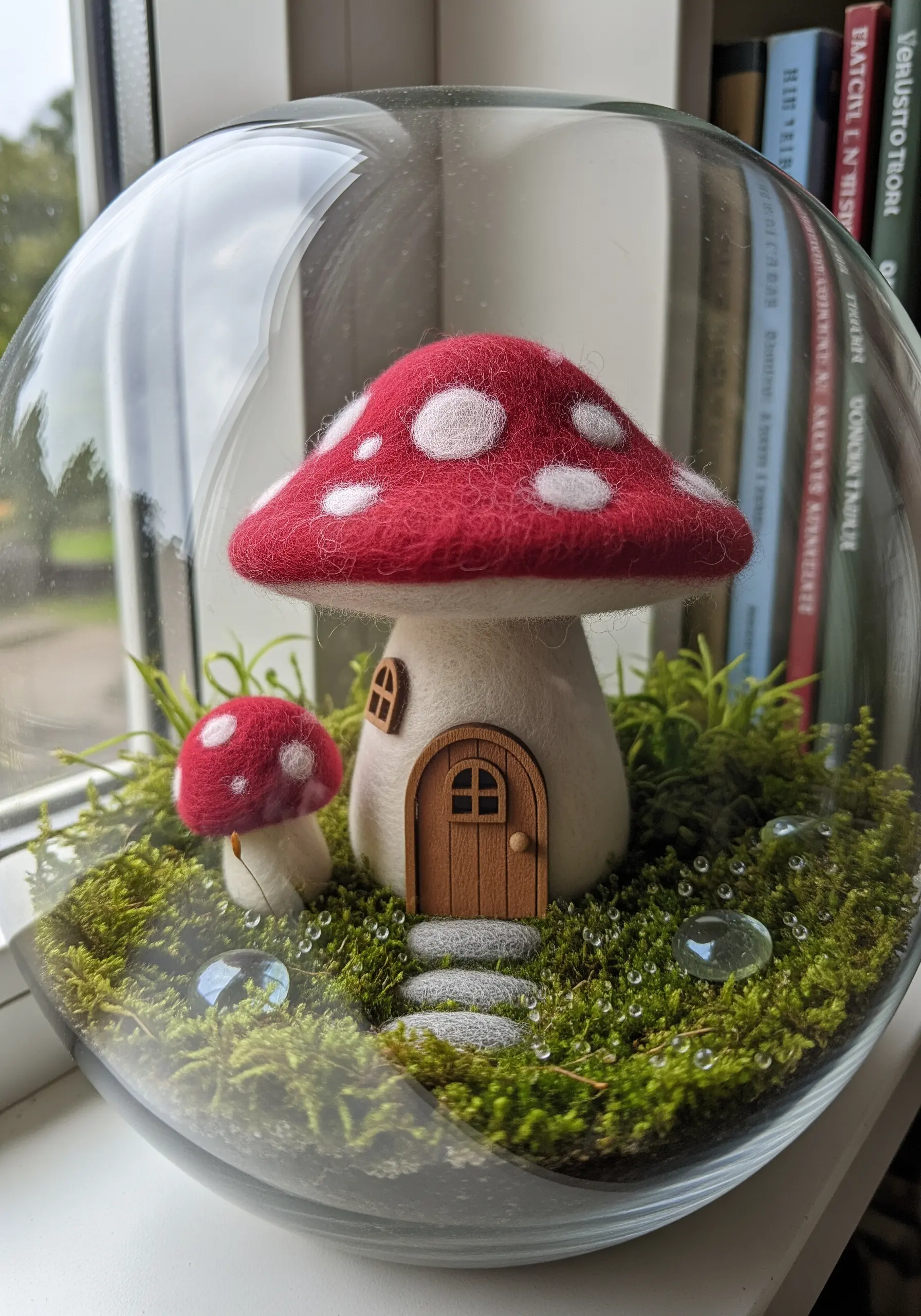 A tiny, 3D needle-felted mushroom fairy house with a wooden door, set inside a glass terrarium.