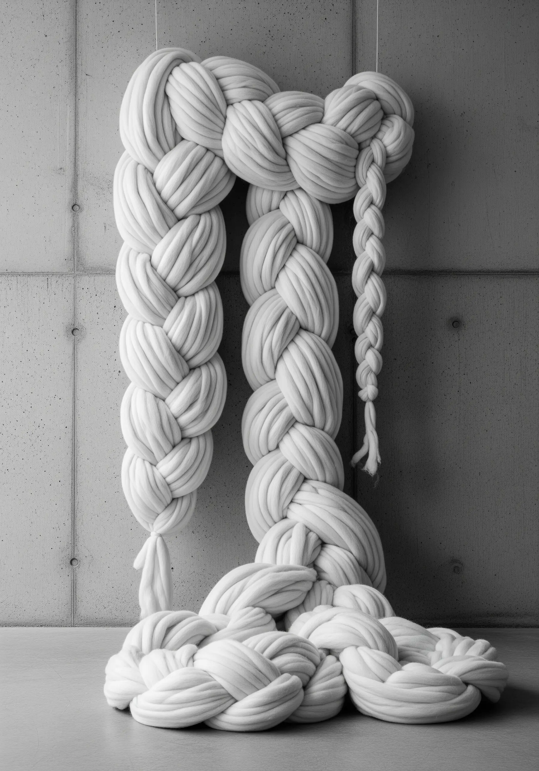 A giant, sculptural braid made from thick, unspun white wool roving against a concrete wall.