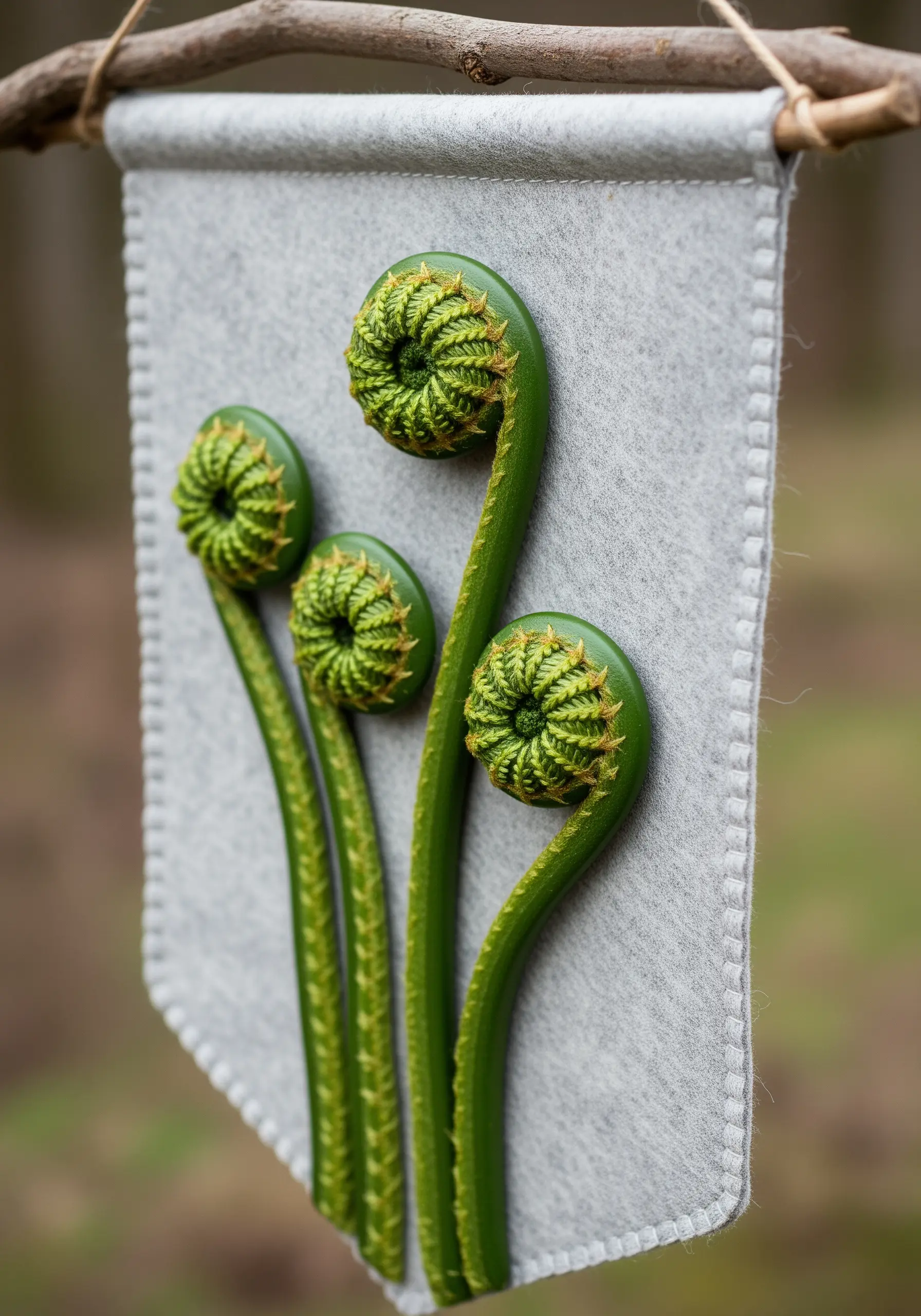 3D embroidered fiddlehead ferns on a gray felt banner, with raised, curled heads.
