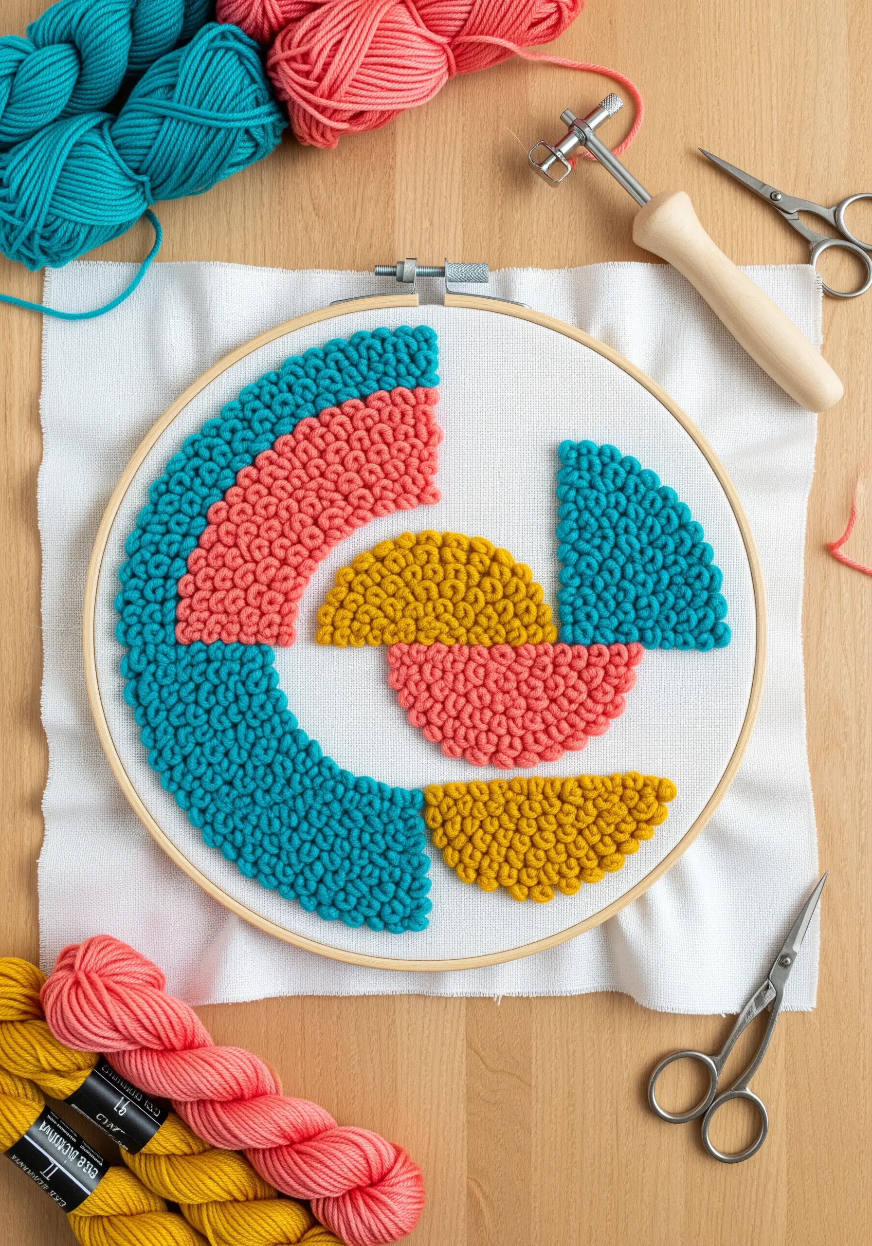 Abstract punch needle hoop art with bold color blocks in teal, coral, and mustard yellow.