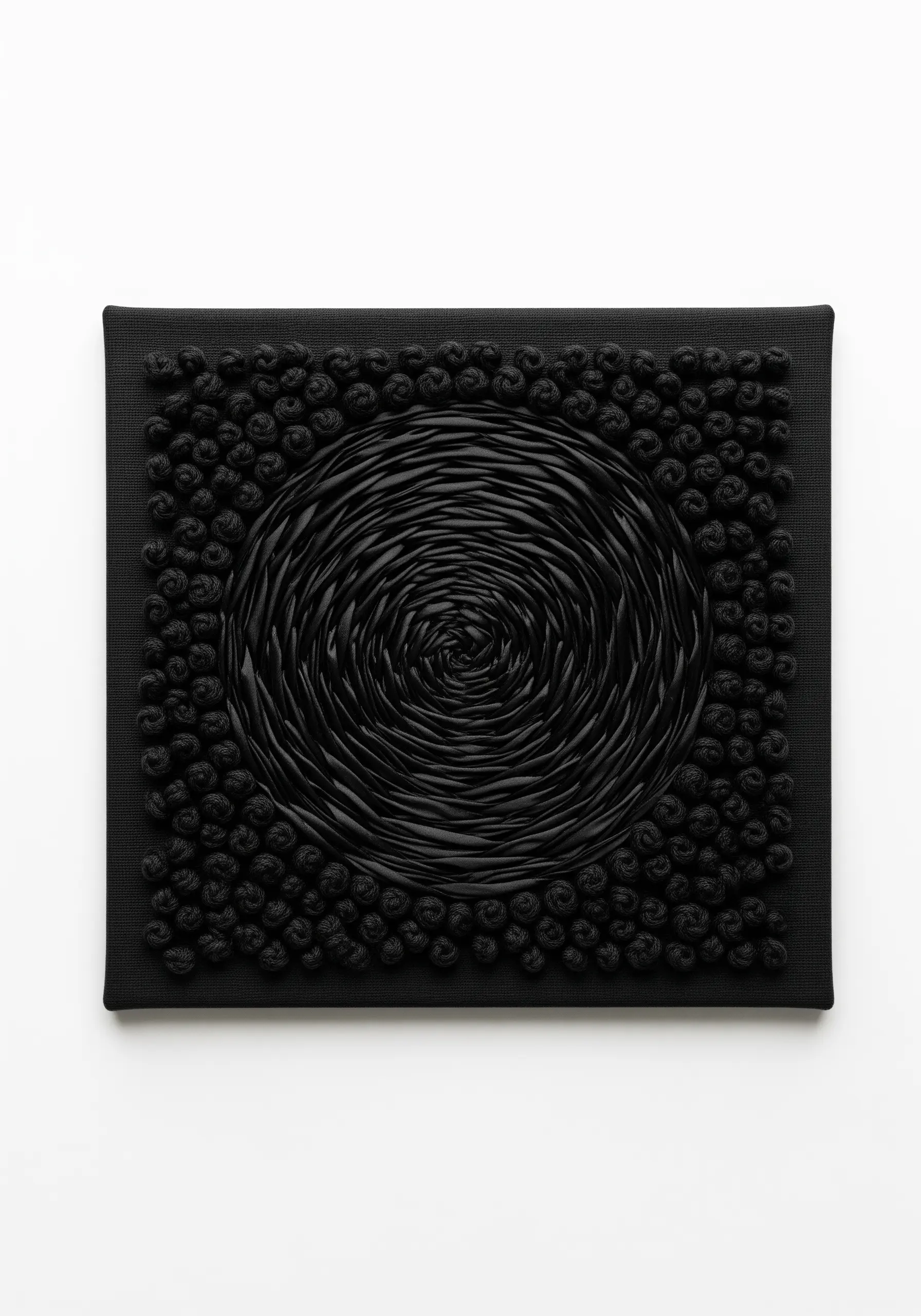 All-black abstract embroidery on canvas, with a shiny ribbon spiral surrounded by matte knots.
