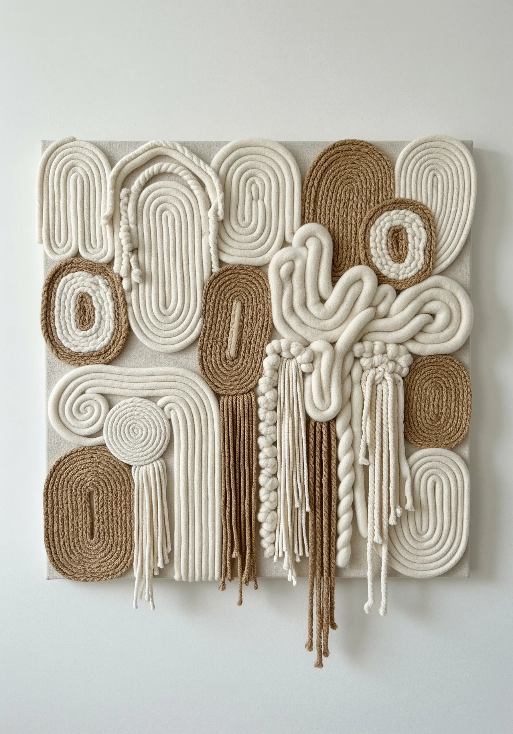 3D wall art made from thick cream and tan ropes coiled and arranged on a canvas