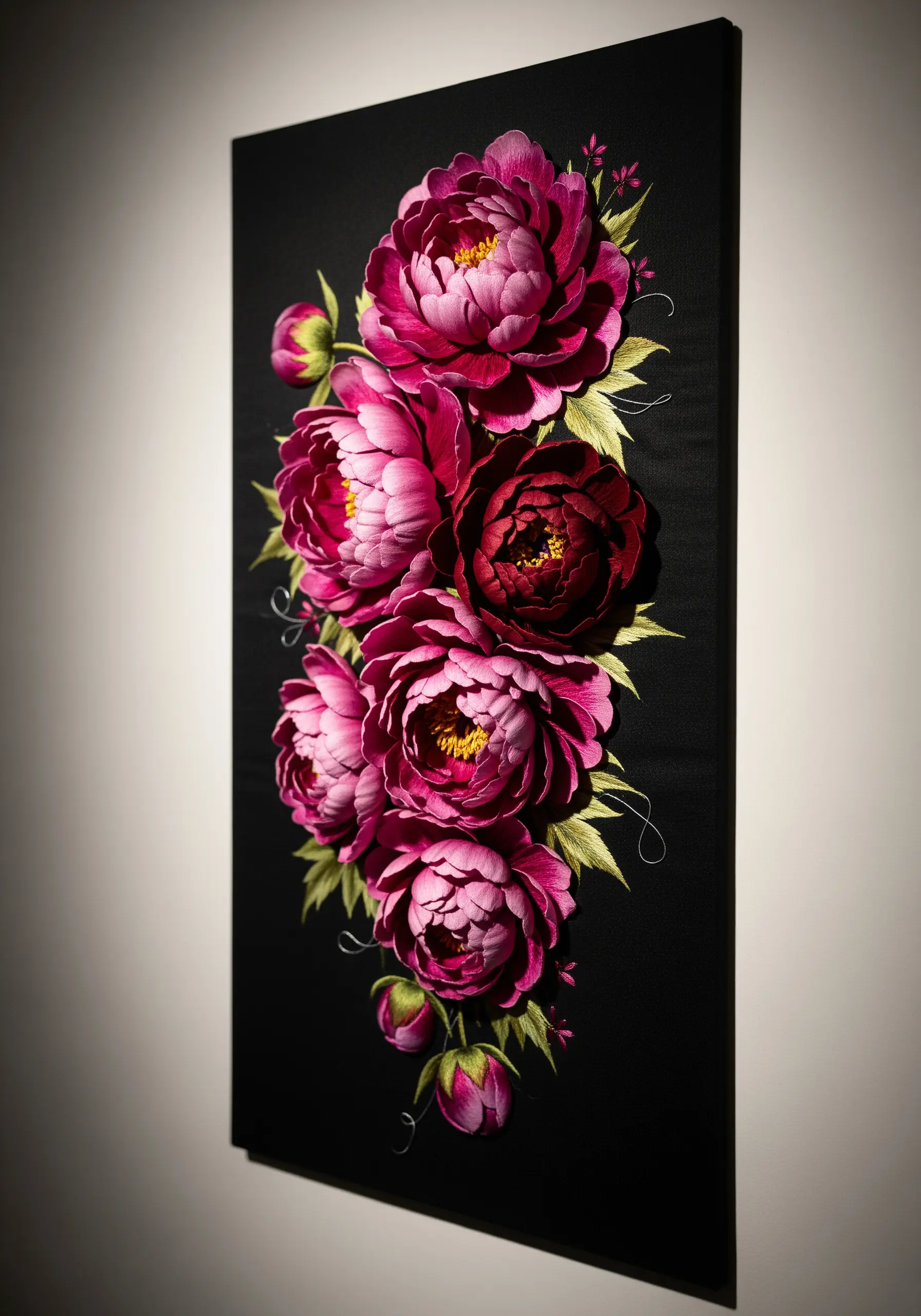 A cascade of deep magenta peonies embroidered on a black vertical canvas.
