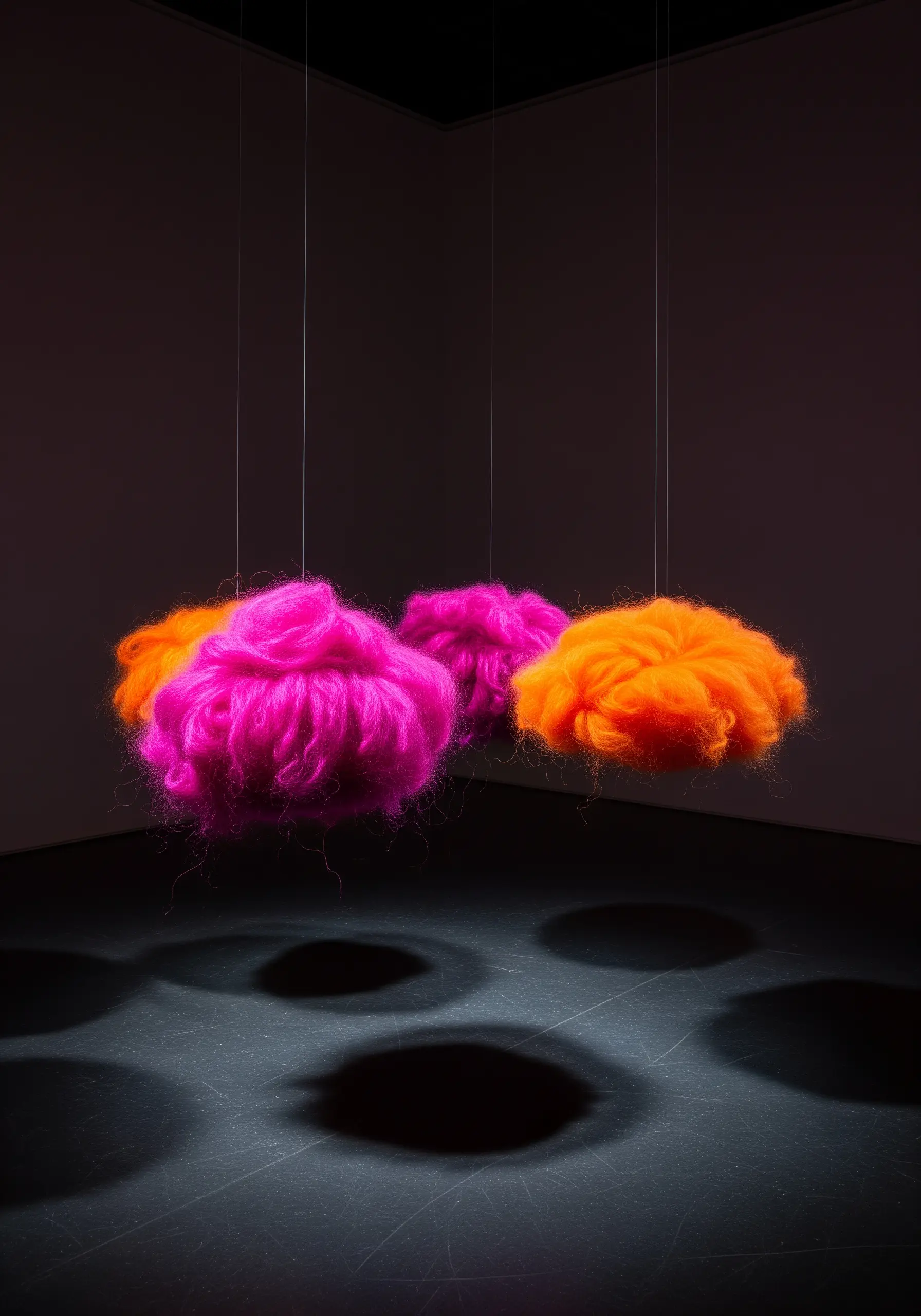 Three large, fluffy pom-poms in magenta and orange yarn hang suspended in a dark room.