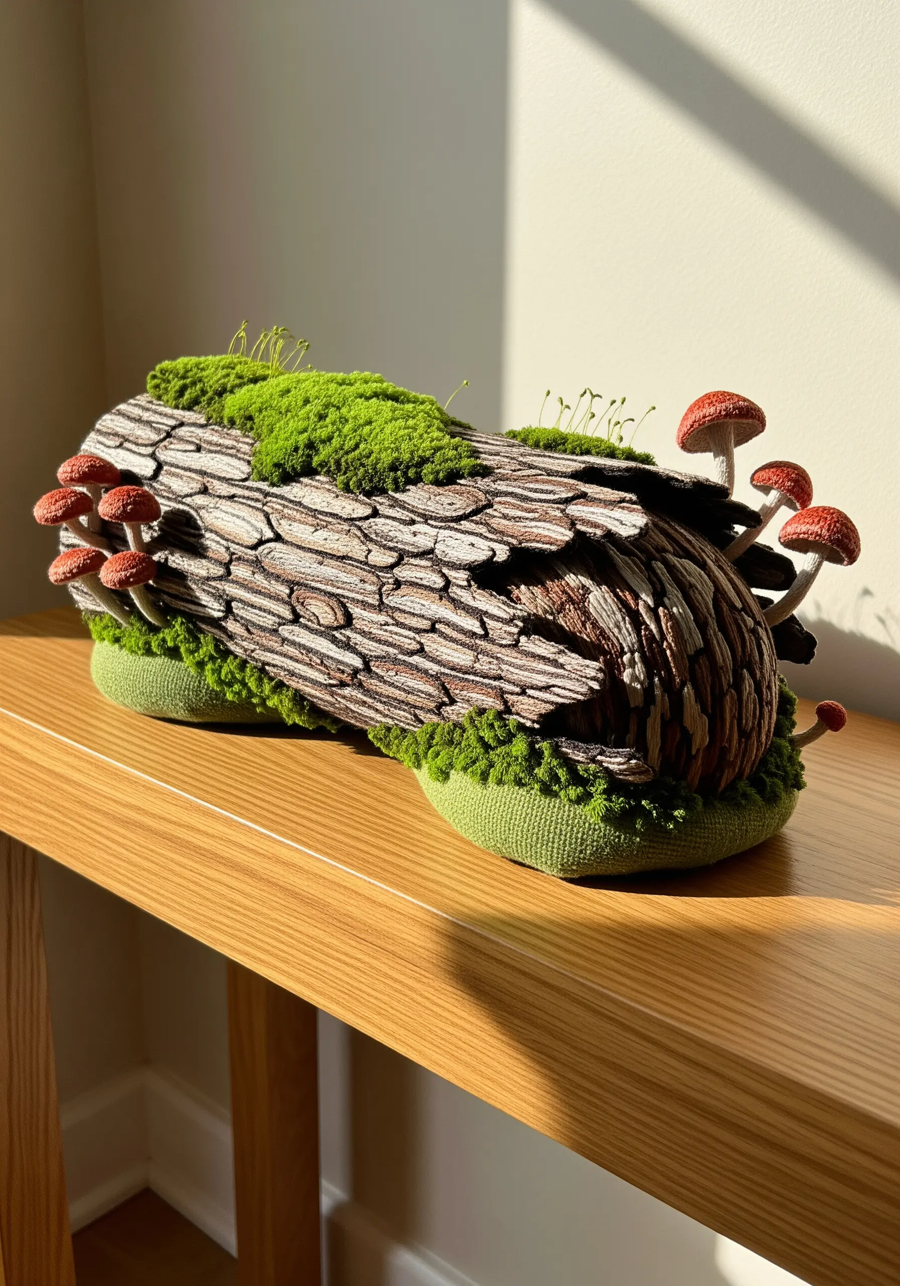 A 3D embroidered log with stumpwork mushrooms and moss resting on a wooden table.