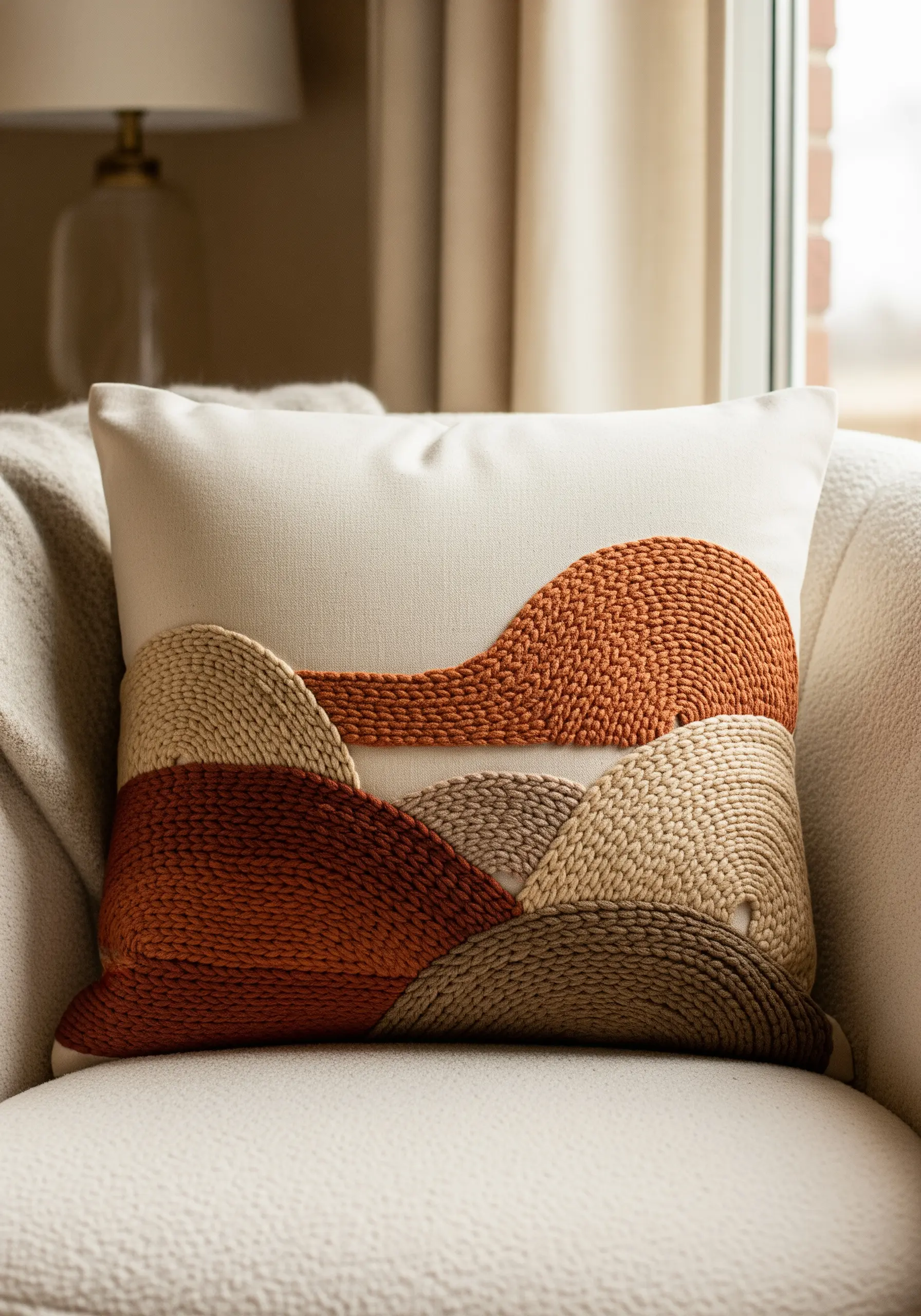 Abstract rolling hills in terracotta and beige created with thick yarn couching on a pillow