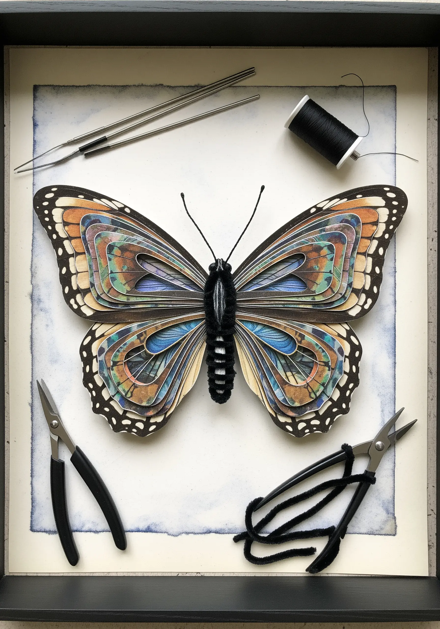 A 3D butterfly made from layered paper with a sculptural body made of wrapped yarn.