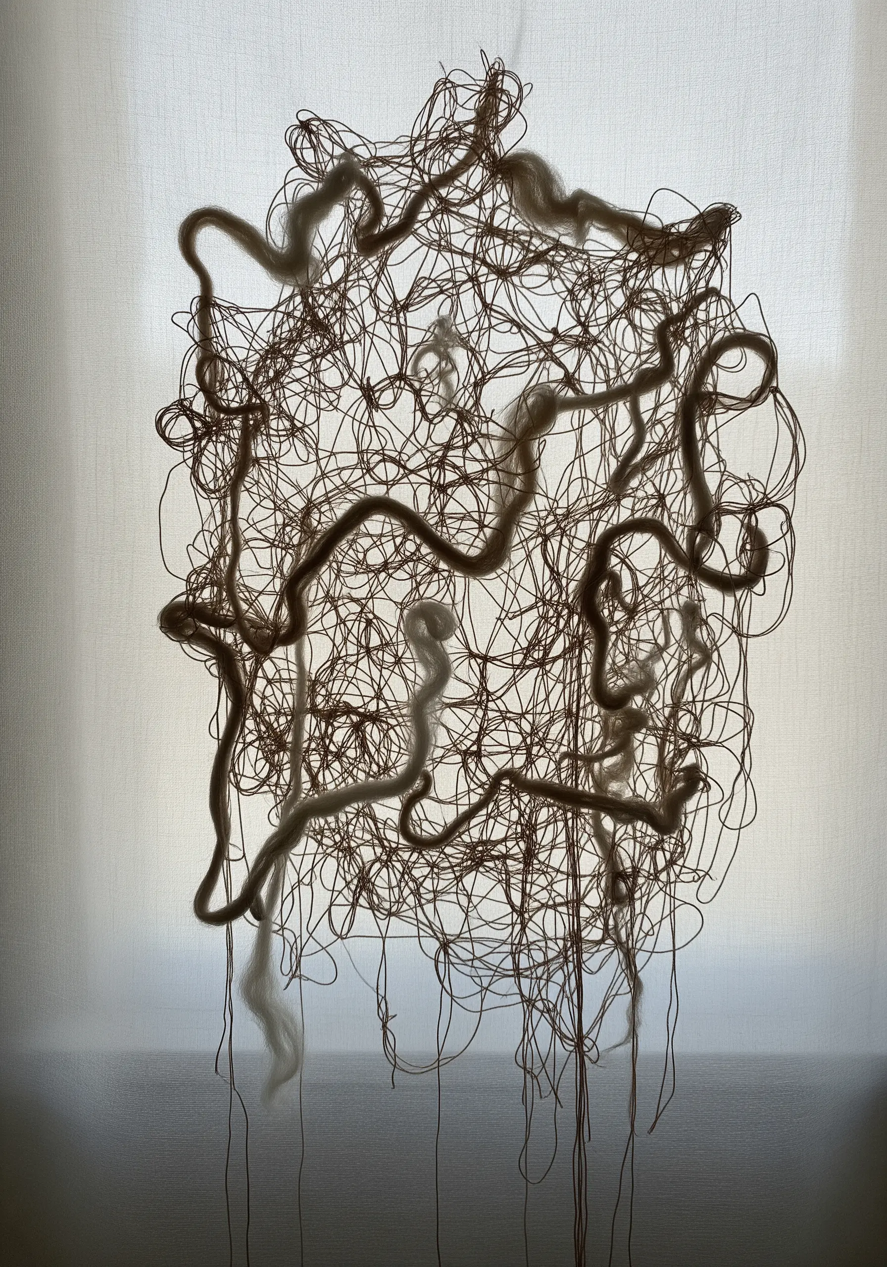 An abstract, tangled sculpture made of brown and white thread, suspended in front of a light source.
