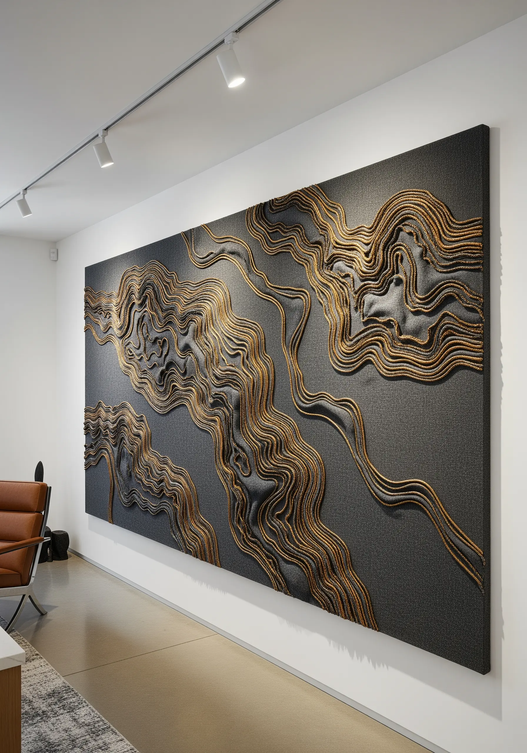 3D sculptural wall art featuring thick gold metallic rope couched onto a dark textured canvas.
