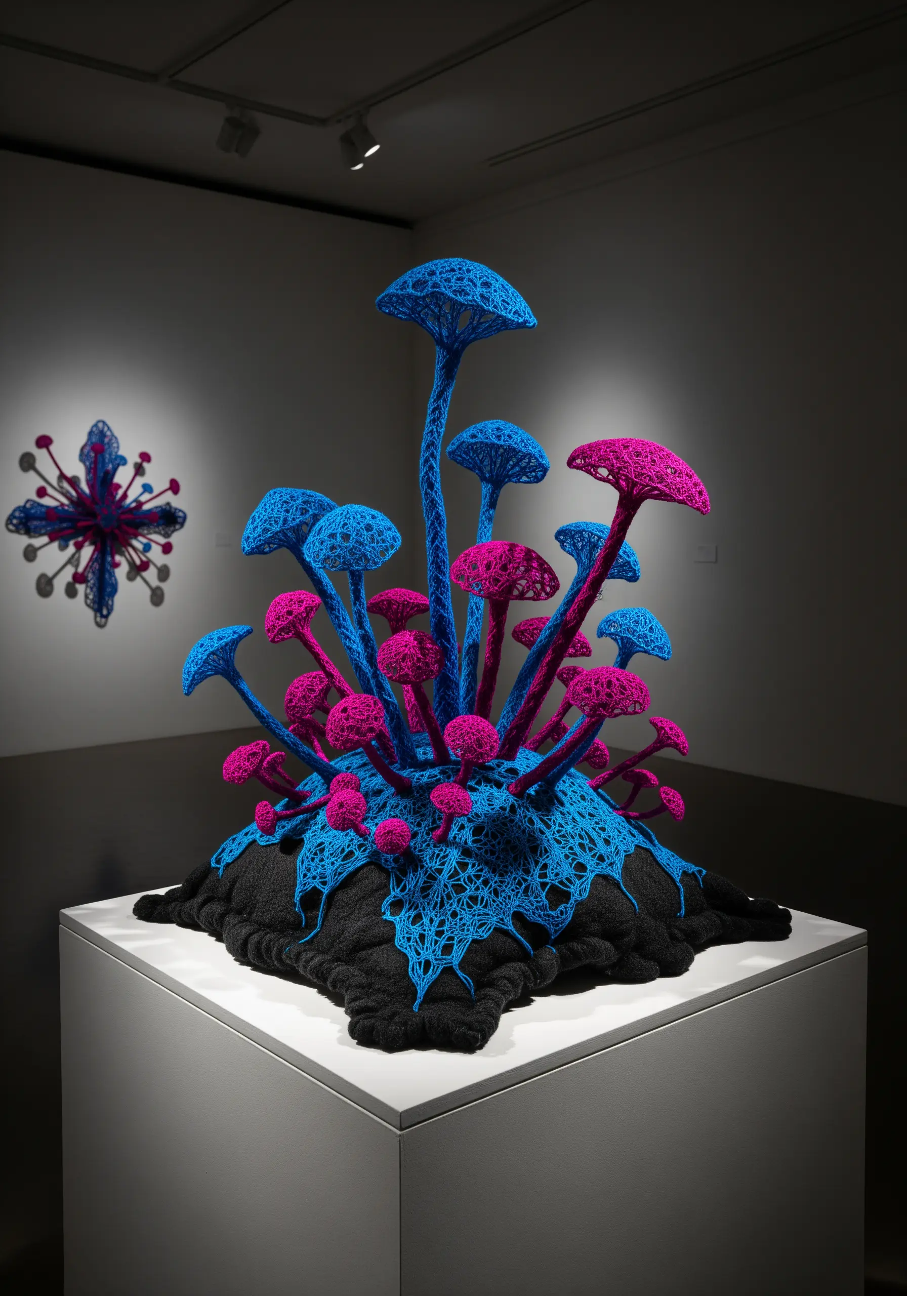 A vibrant 3D sculpture of blue and magenta mushrooms made from thread in a gallery setting.