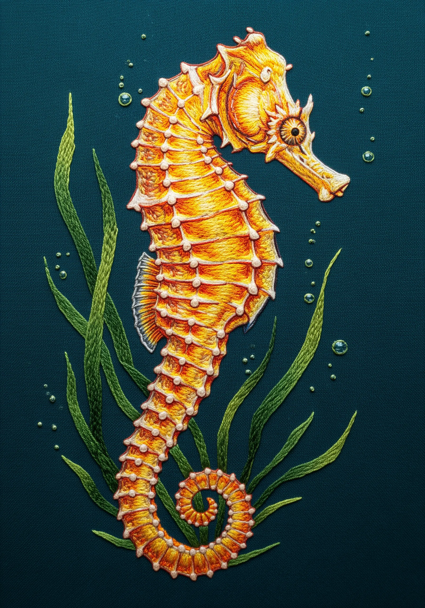 A highly realistic, three-dimensional embroidery of a golden seahorse against a dark background.