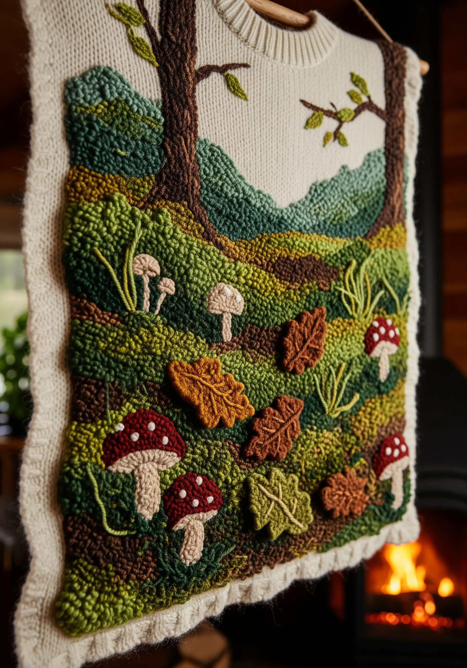 A punch needle wall hanging depicting a lush forest floor with mushrooms and leaves.