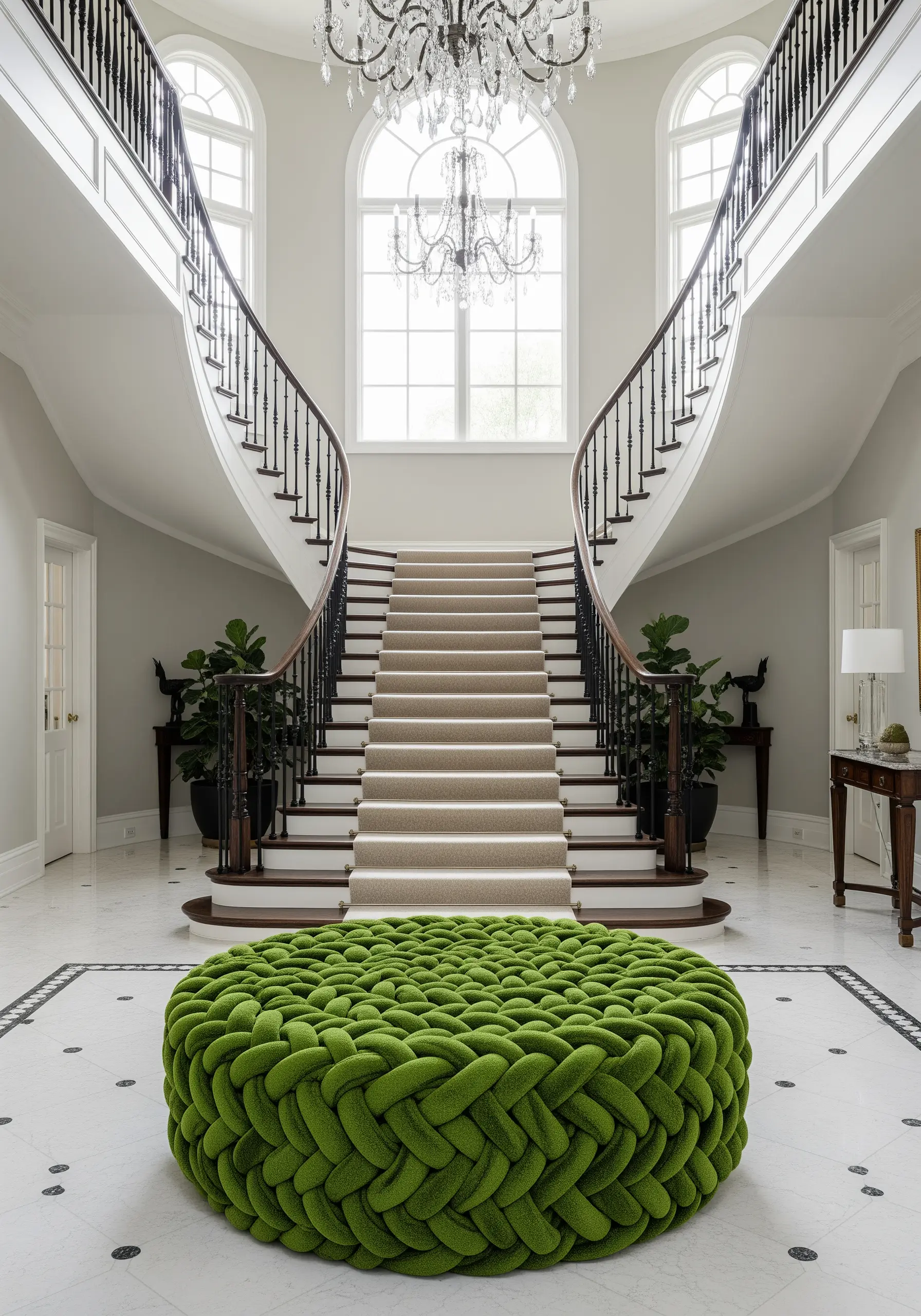 A large, round green ottoman upholstered with a complex, three-dimensional braided texture.