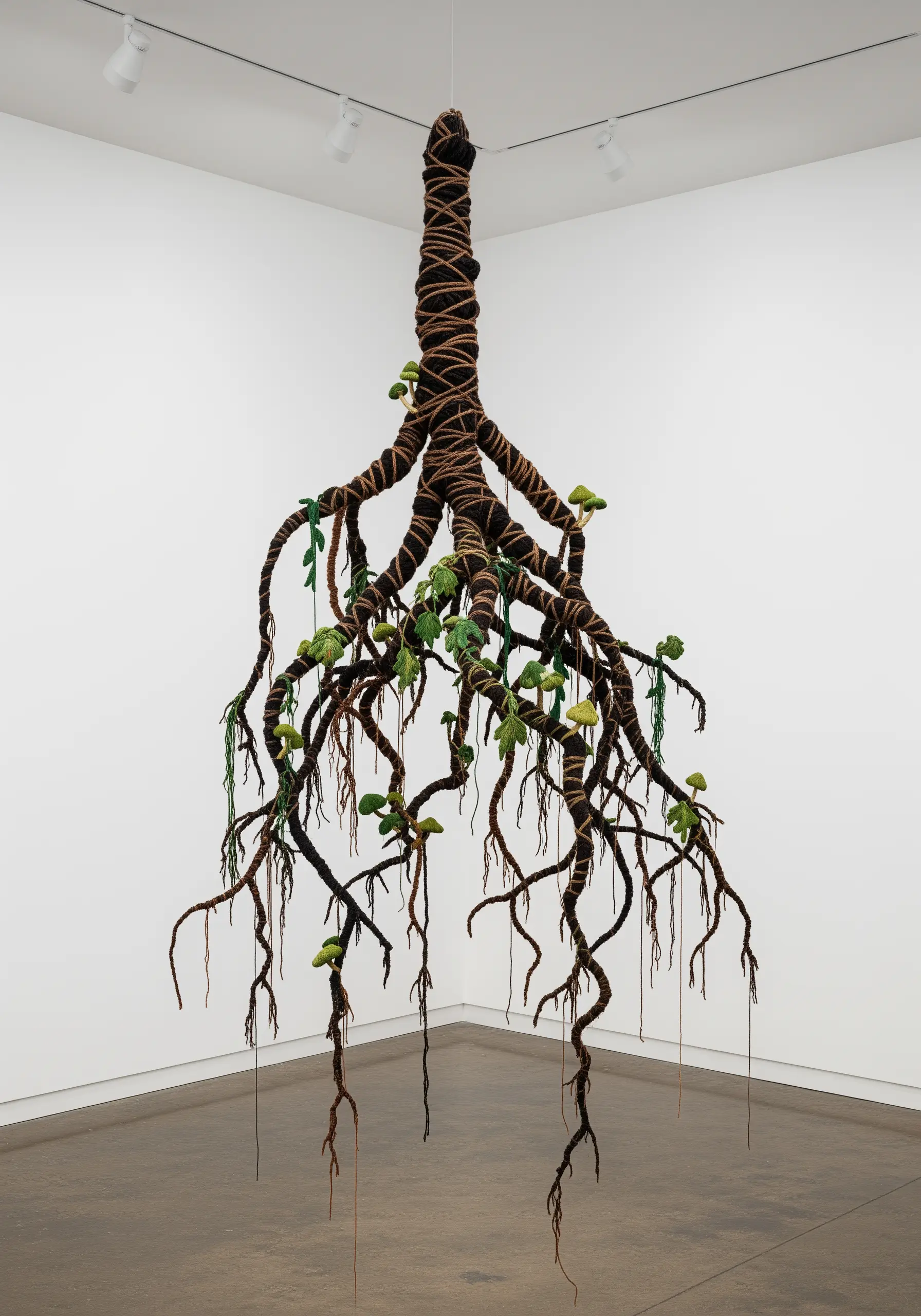 A large, hanging fiber art sculpture of dark, twisting tree roots with green leaves.