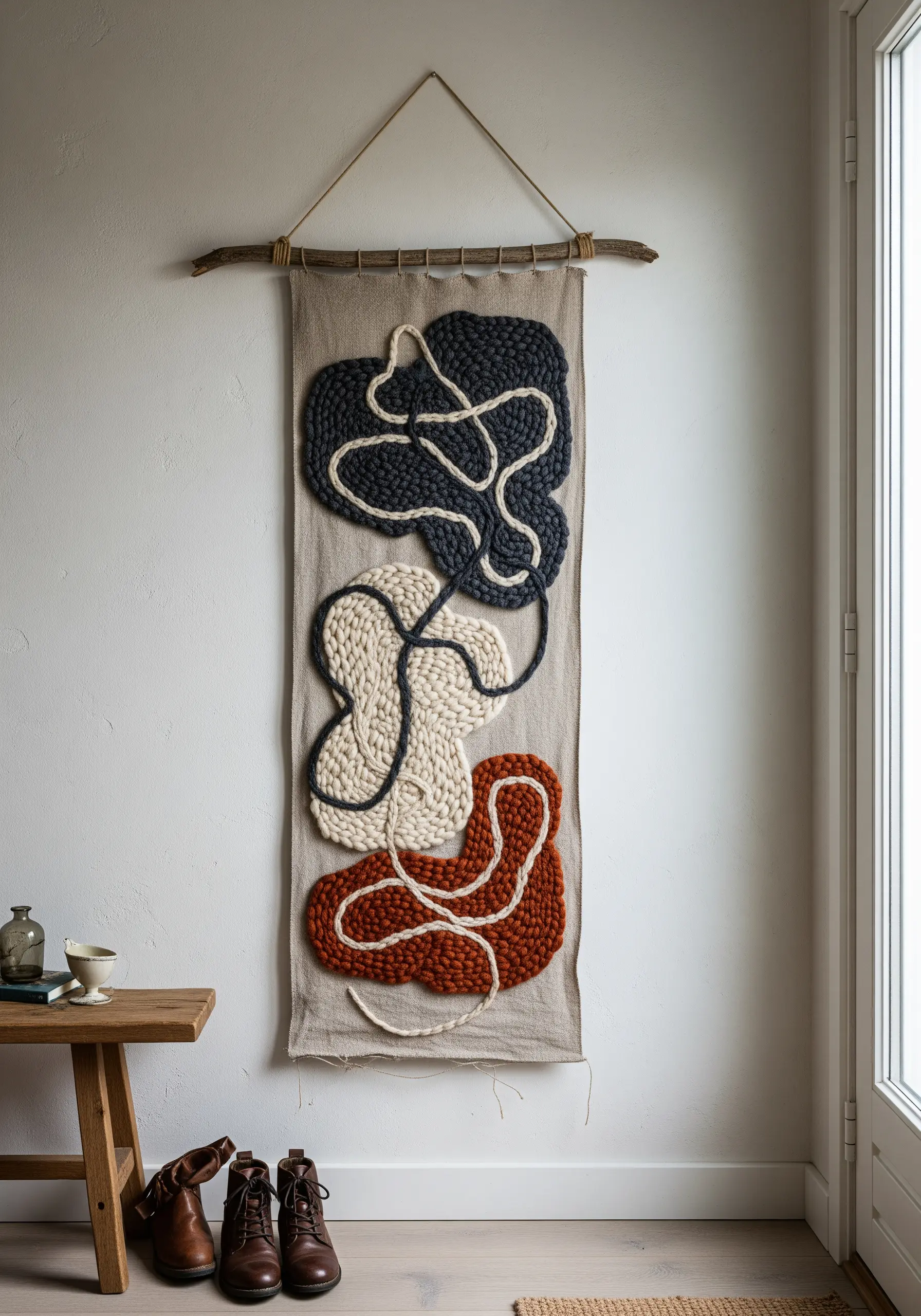 Abstract wall hanging made with thick, couched yarn in black, cream, and terracotta on linen.