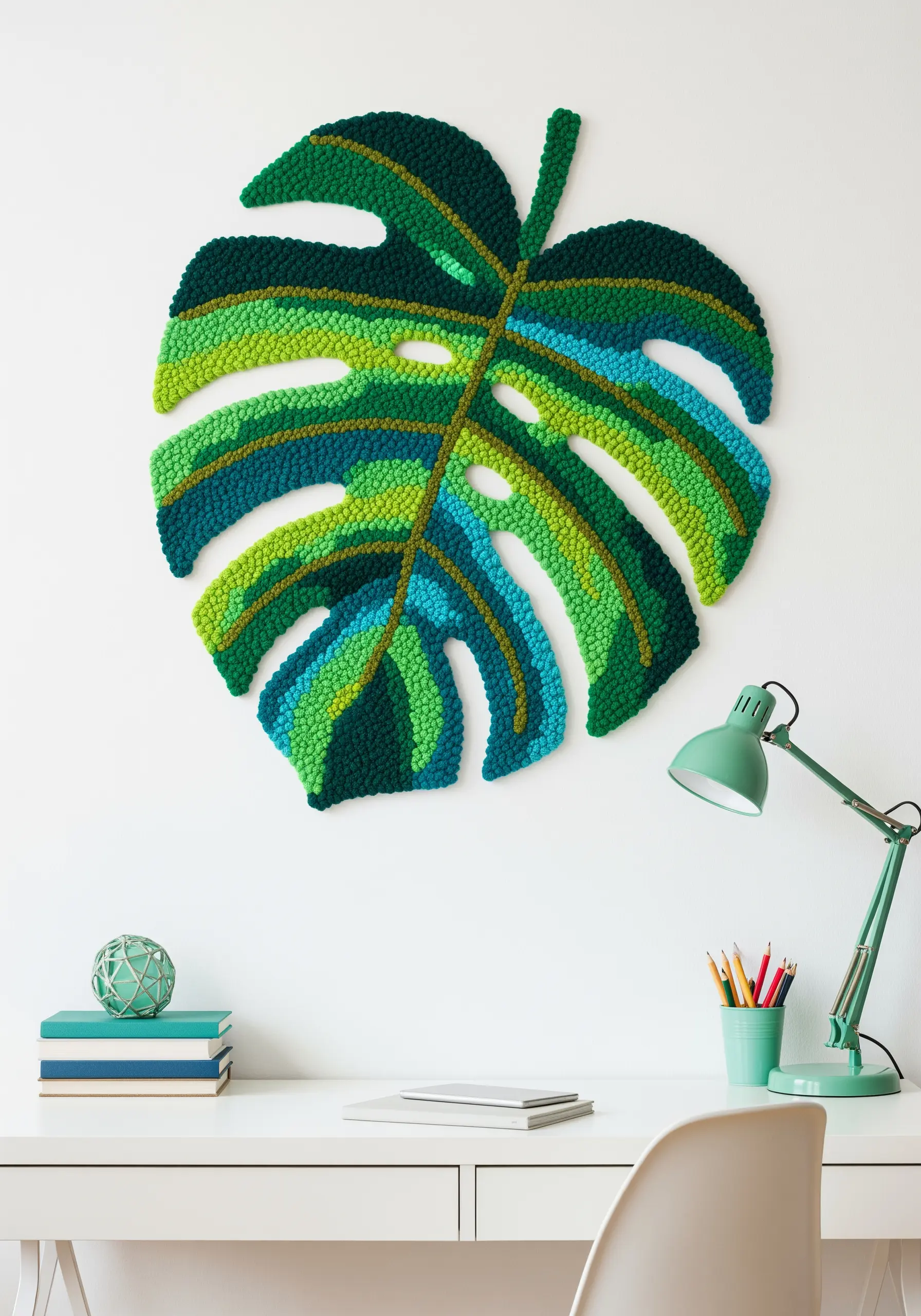 A large monstera leaf wall hanging made with a green gradient punch needle technique.