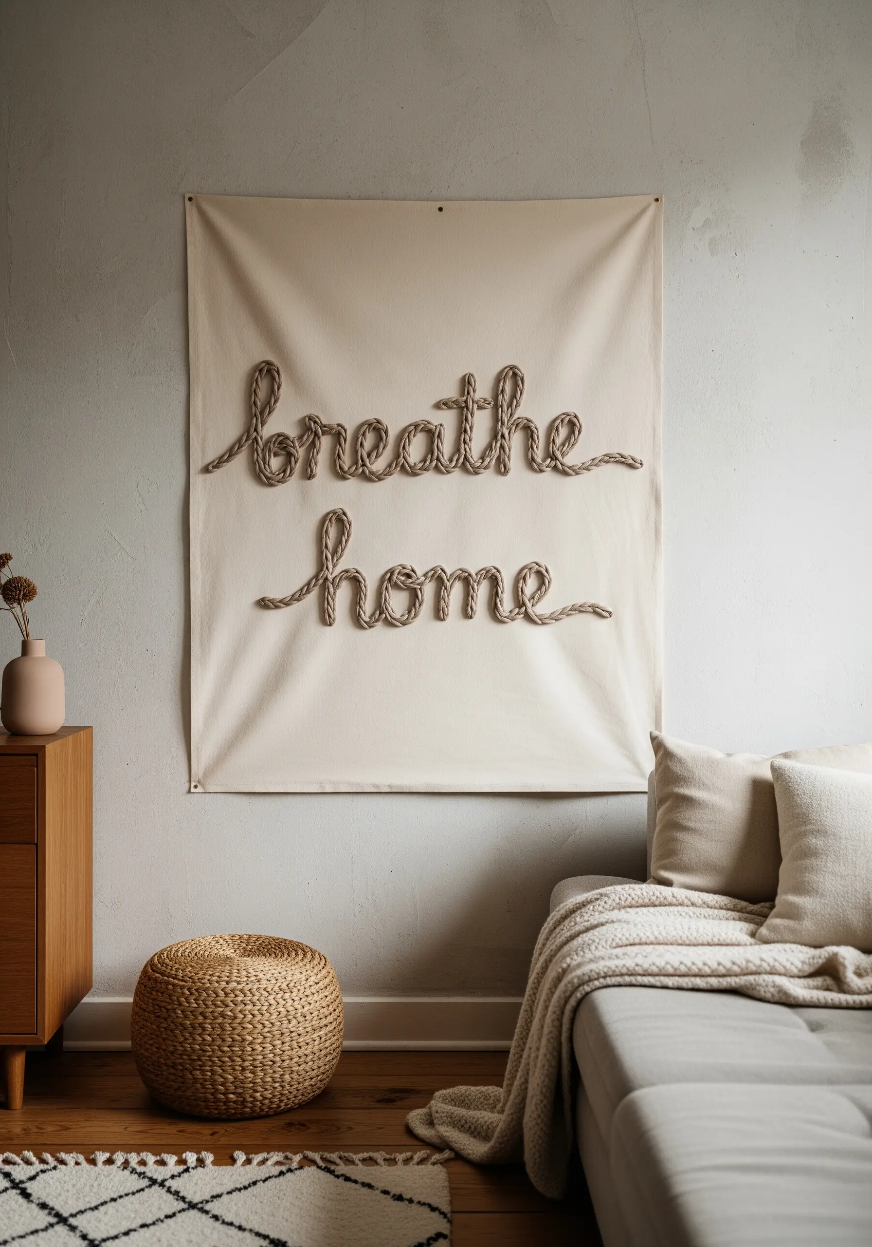 A large canvas wall hanging with the words 'breathe home' written in thick, couched rope