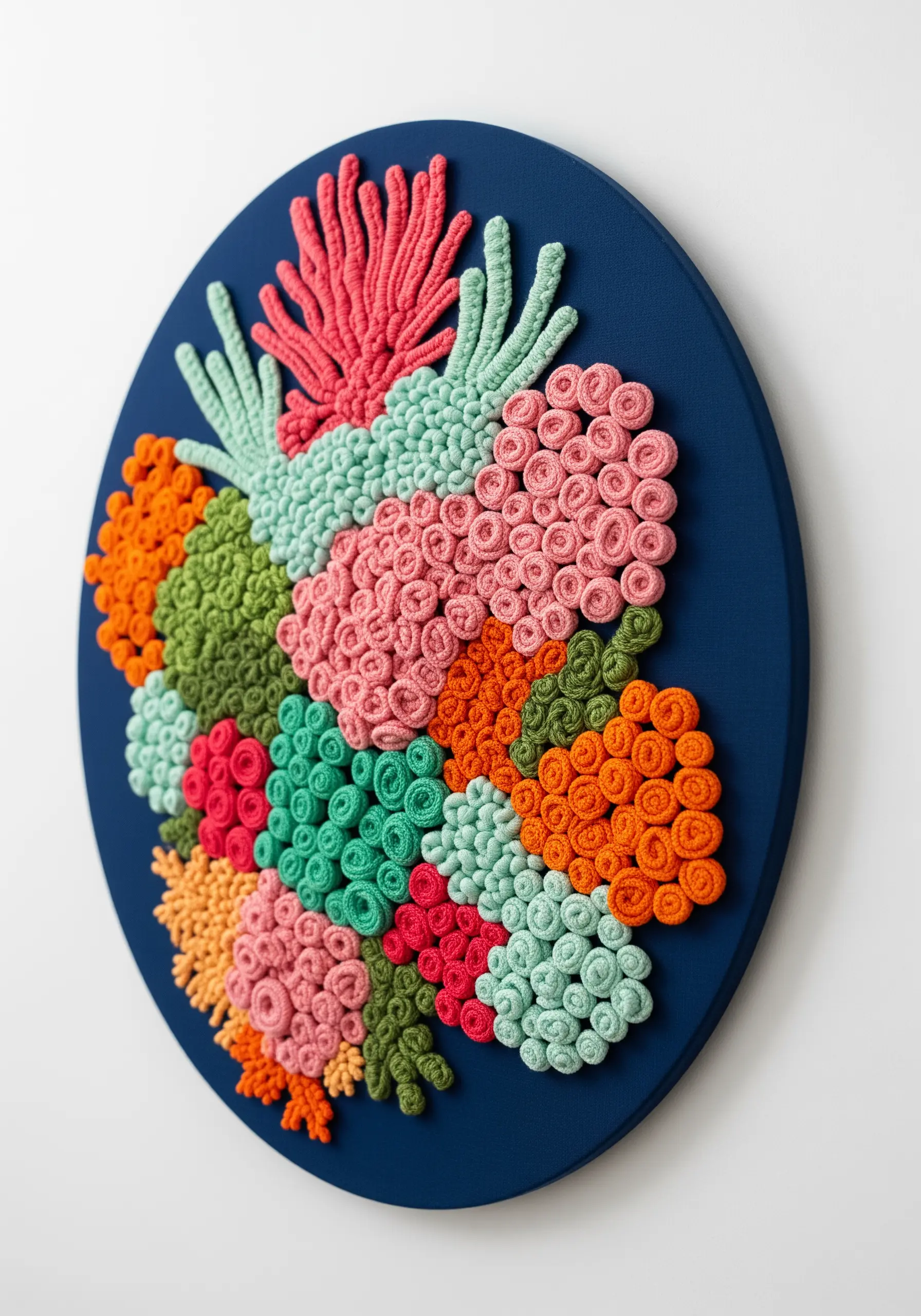 Colorful 3D embroidery of a coral reef with pink, orange, and green textures.