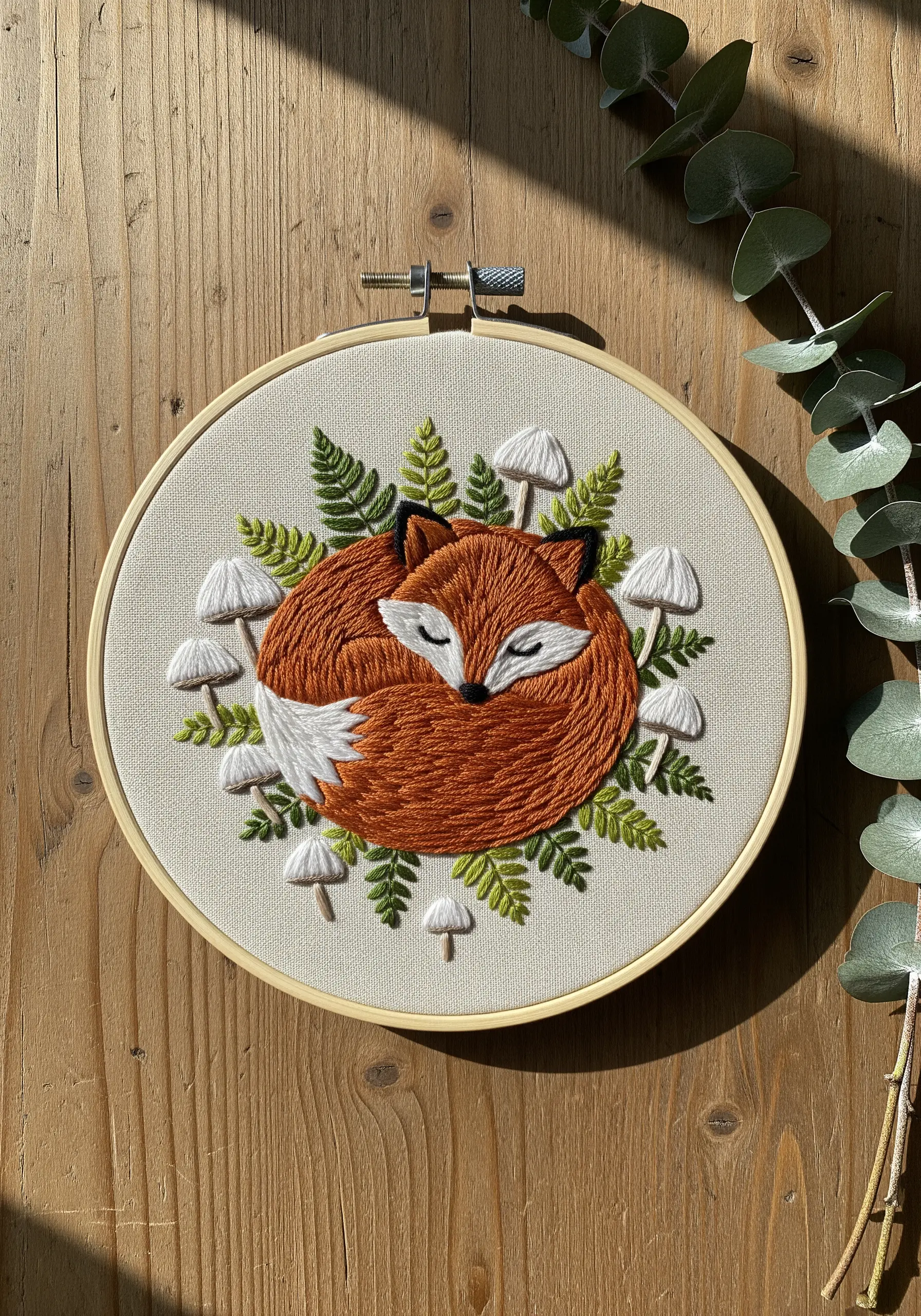 Embroidered sleeping fox with directional satin stitch fur and textured ferns.