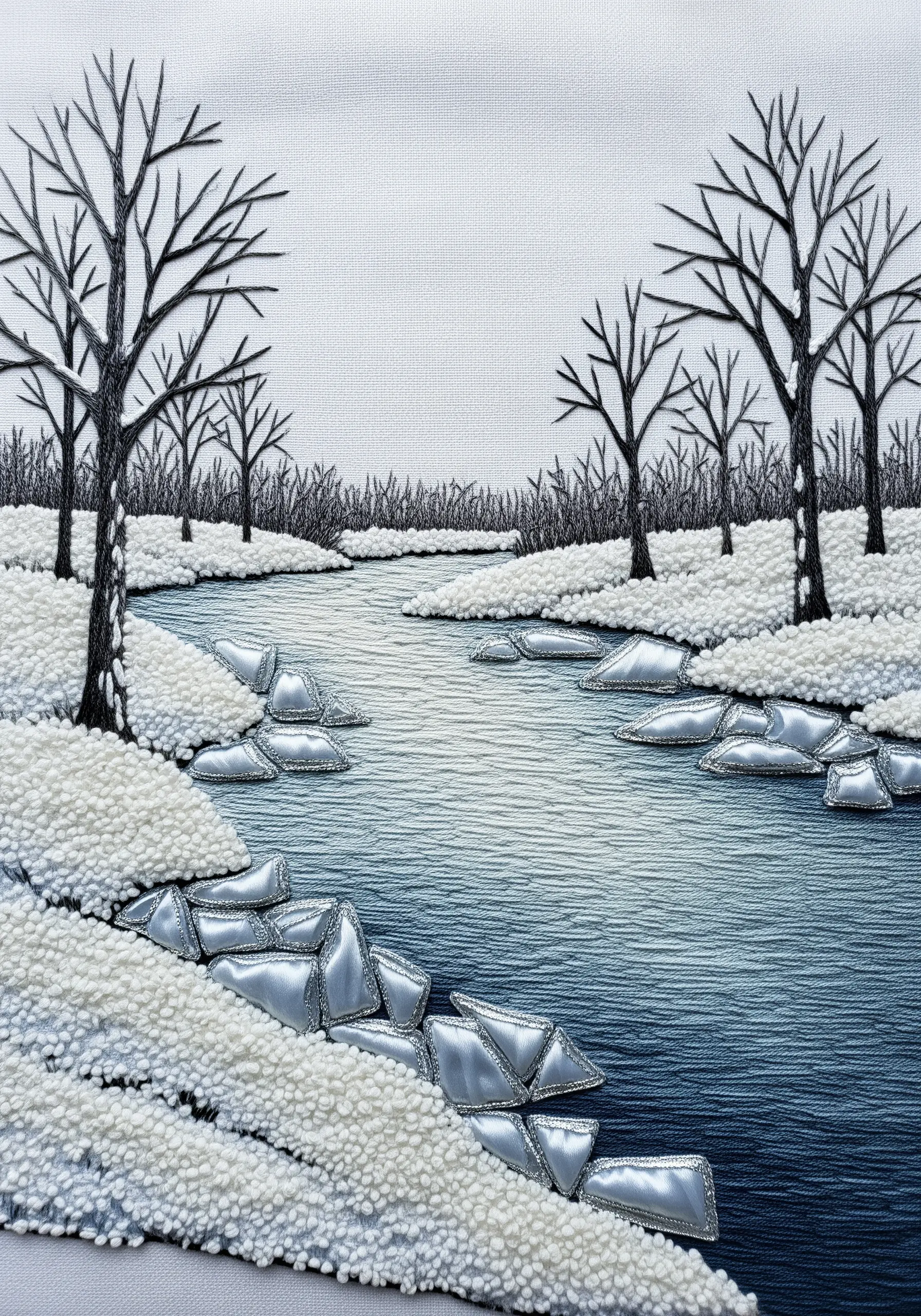 Winter river scene with French knot snow and padded satin stitch ice chunks.