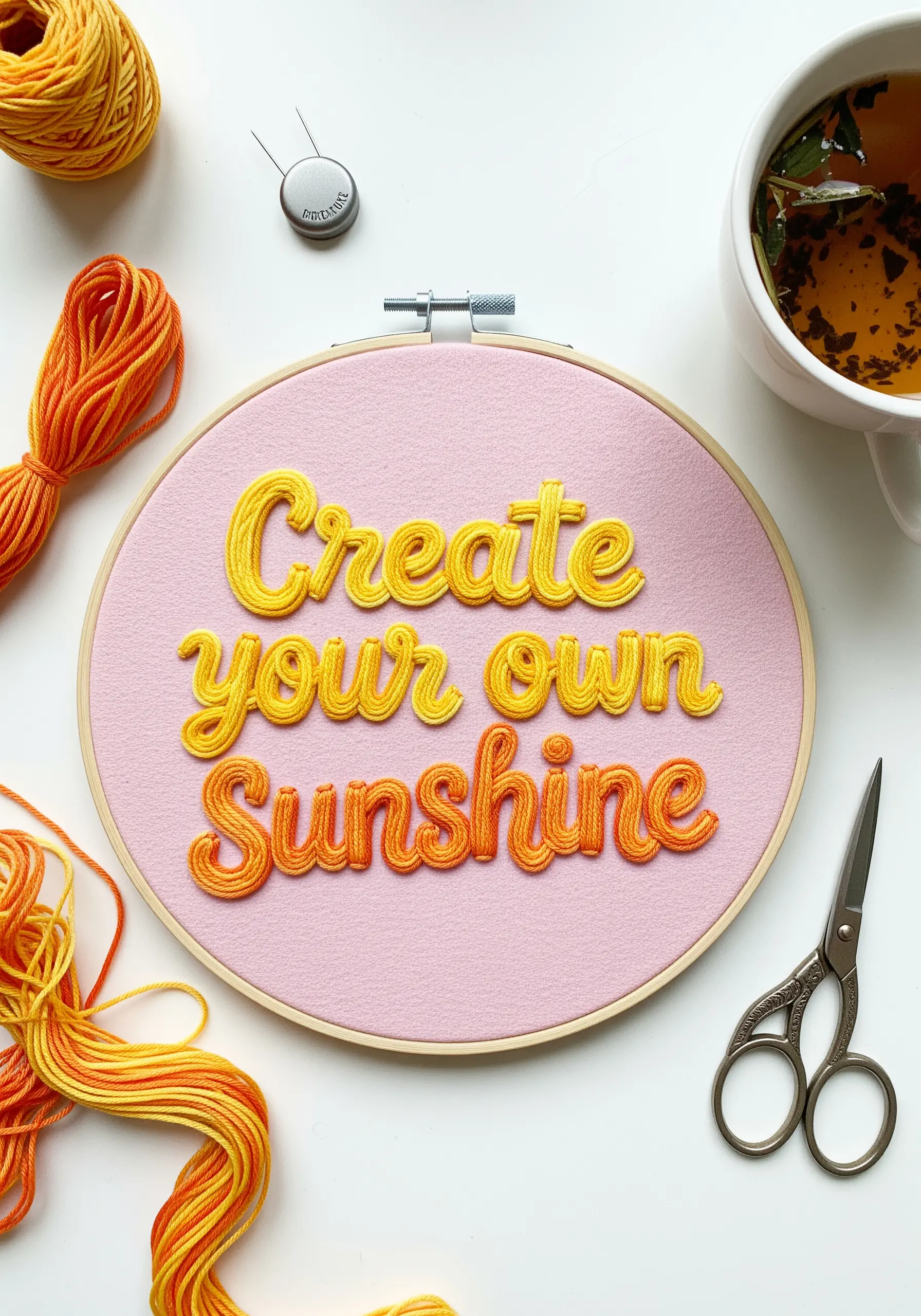 Embroidered quote 'Create your own sunshine' with yellow-orange gradient thread.