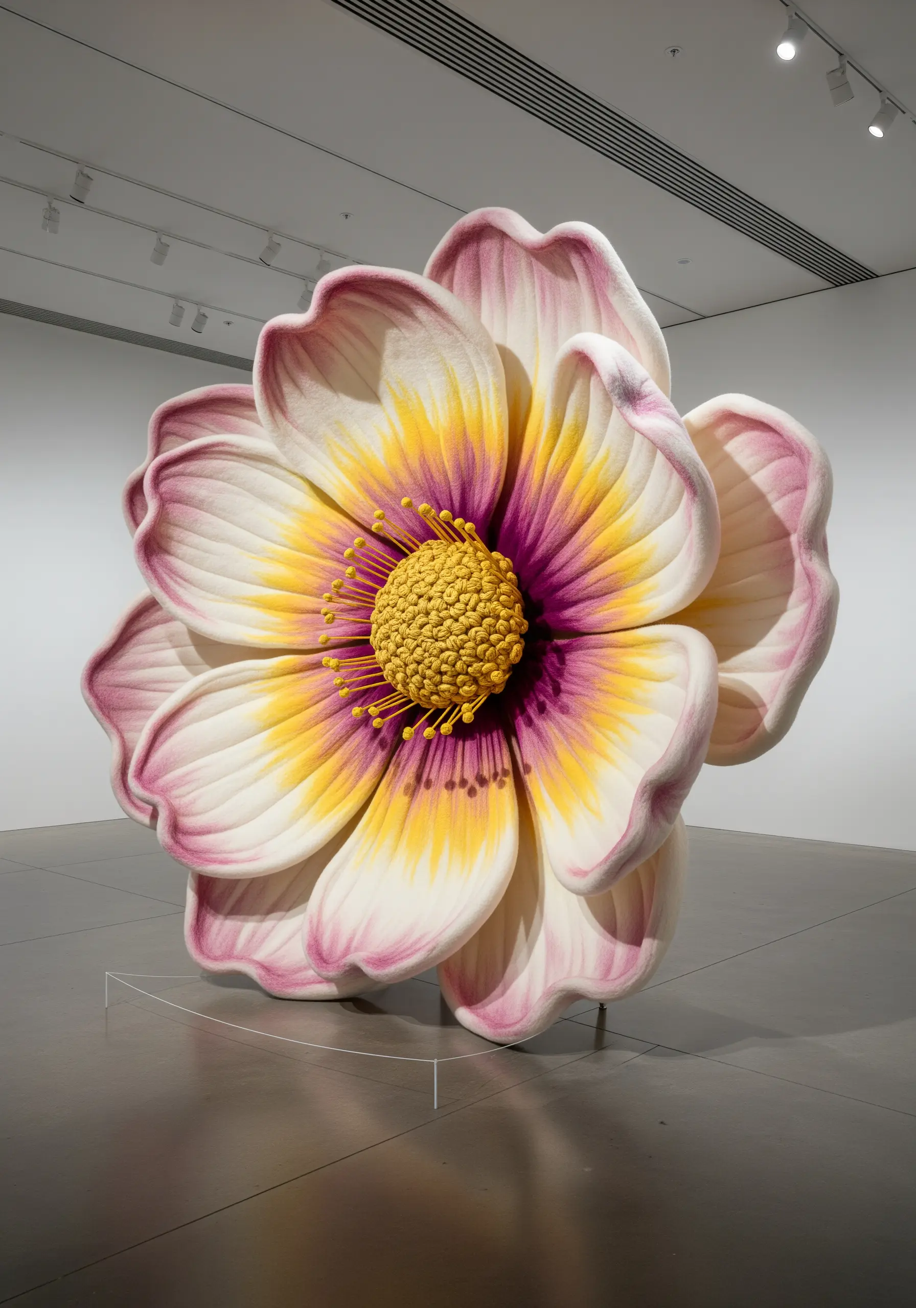 A giant, sculptural fiber art flower with softly padded petals in white, pink, and yellow.