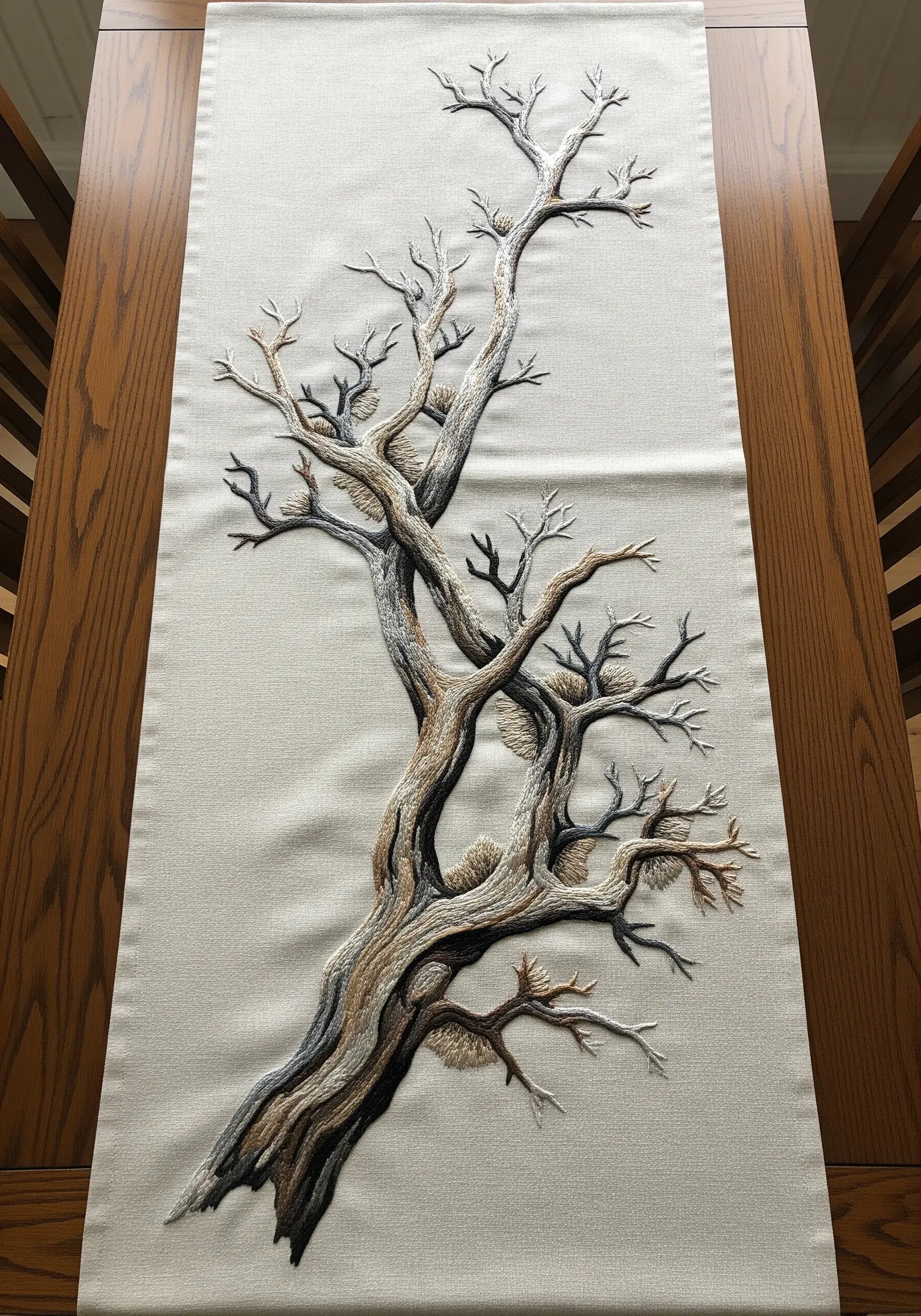 Table runner embroidered with a detailed, gnarled tree in neutral tones.