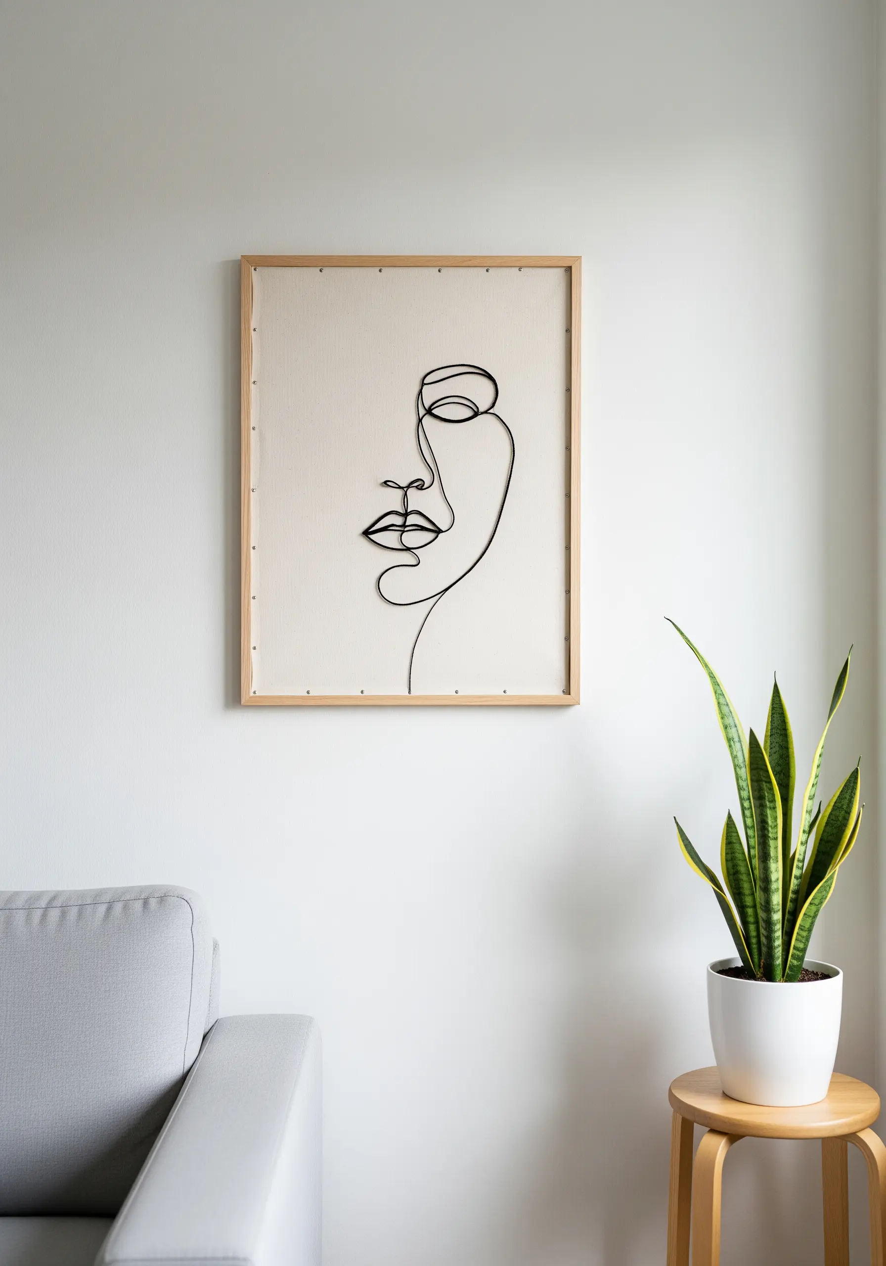 Minimalist abstract face embroidered in a single continuous black line.