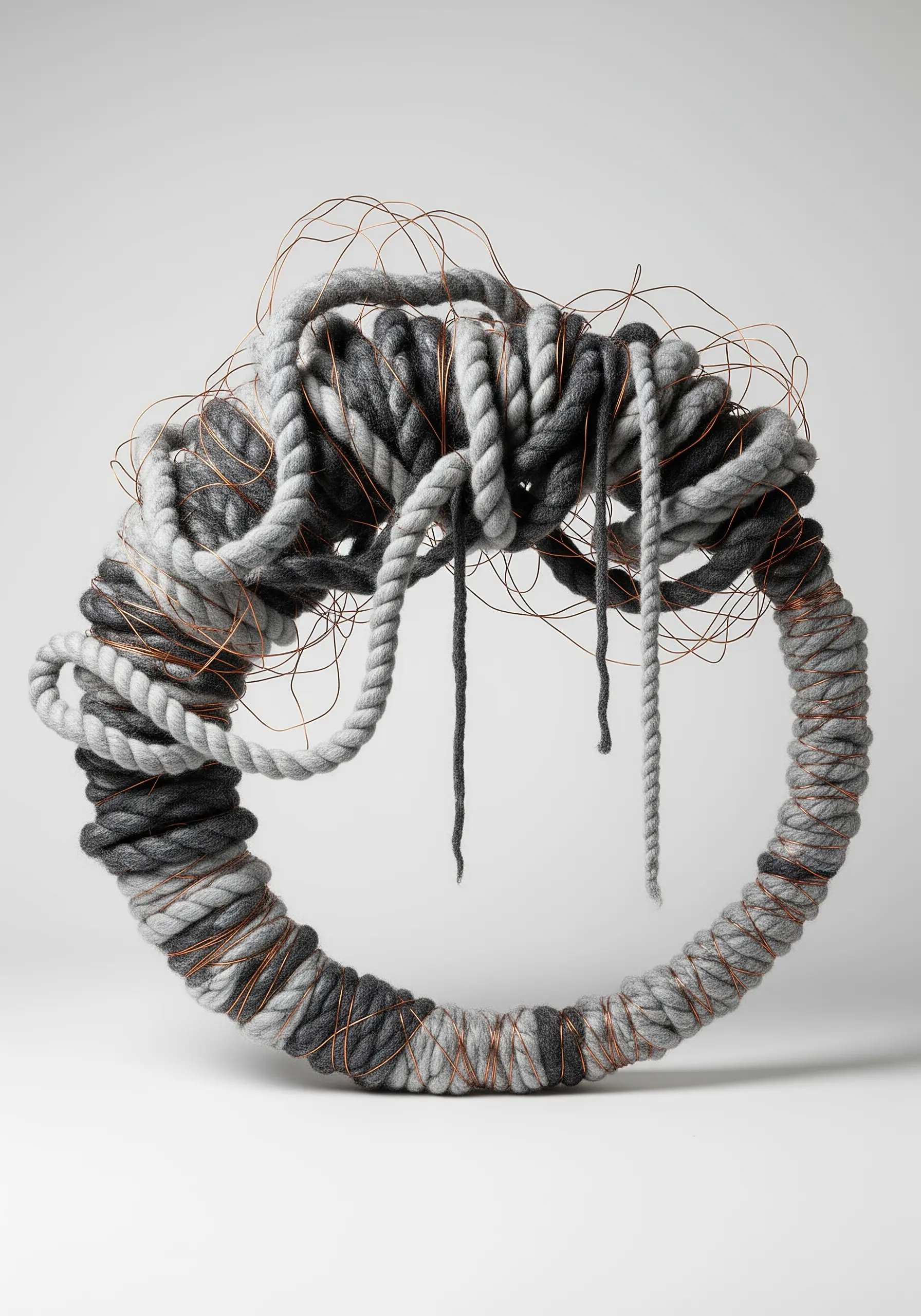 A circular sculpture made from grey yarn-wrapped rope and tangled copper wire.