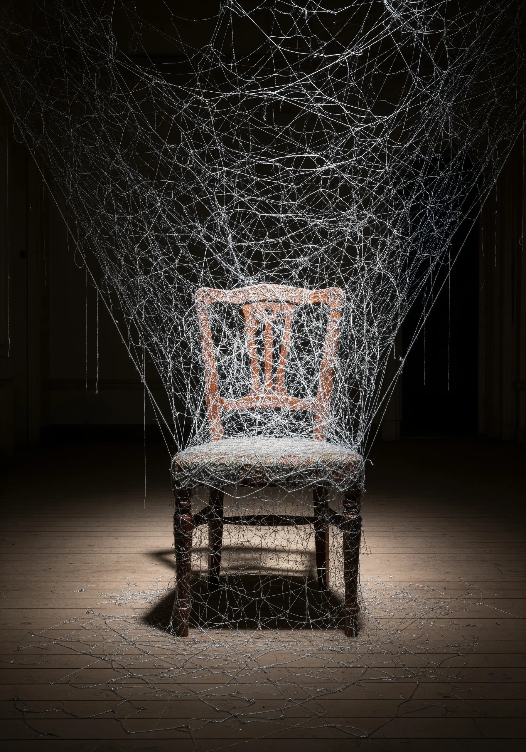 A wooden chair enmeshed in a delicate, expansive web of fine white thread.