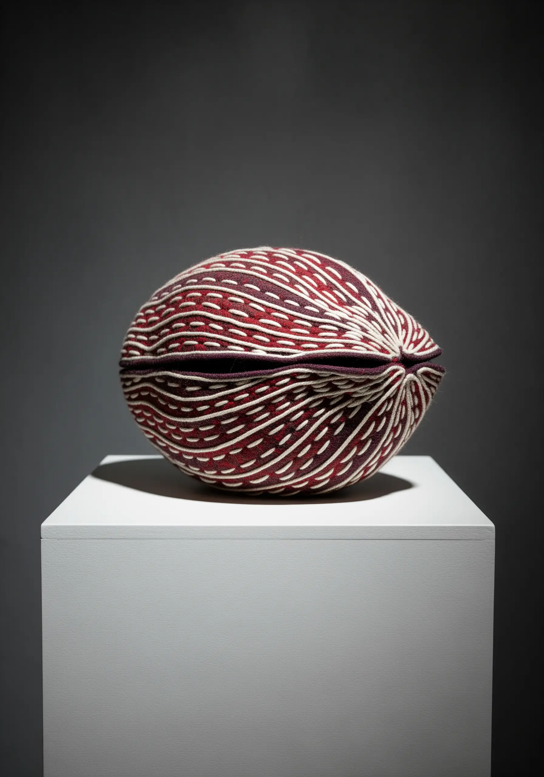 A spherical, stitched textile sculpture with red and white contoured lines.