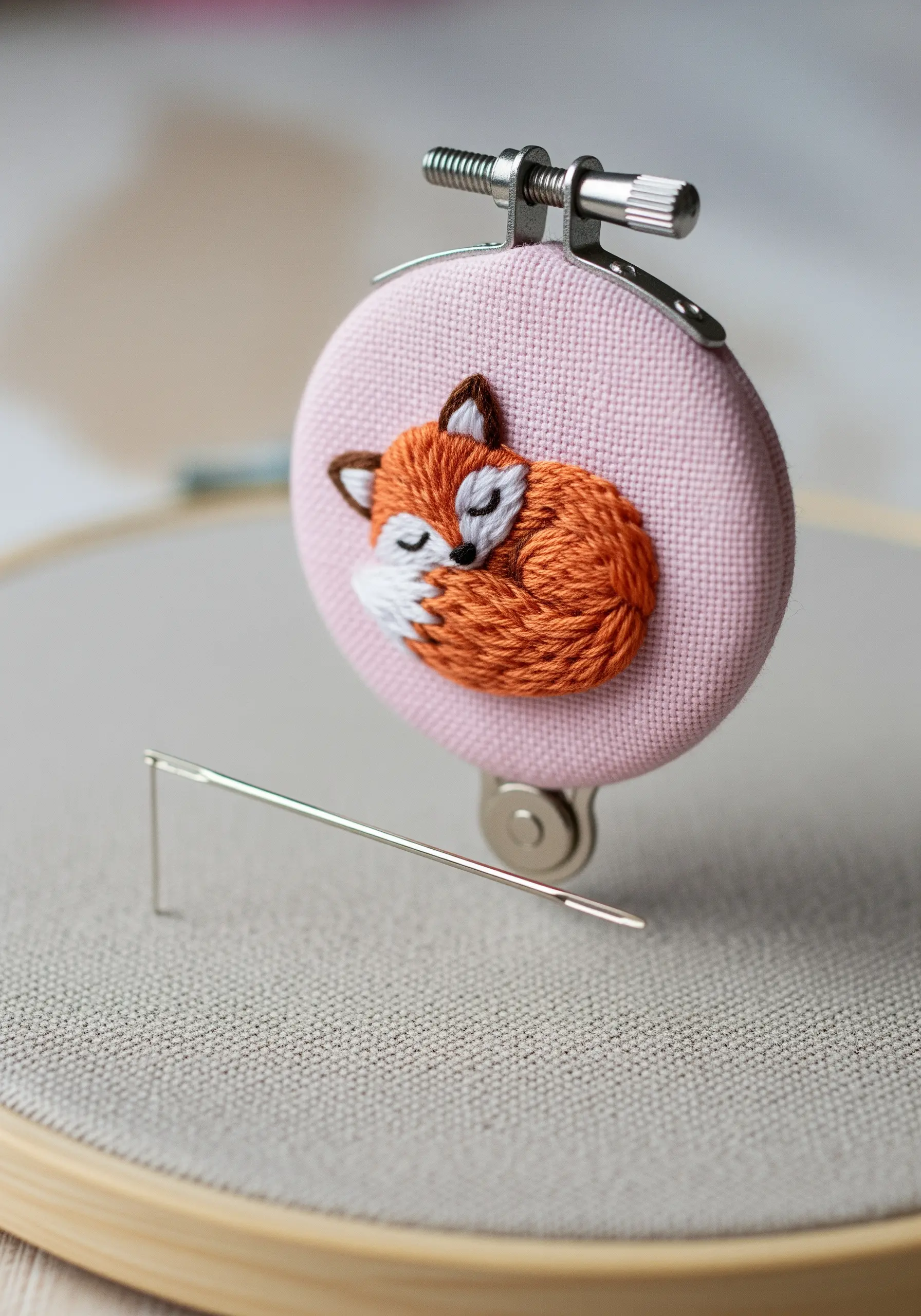 A small, three-dimensional embroidered sleeping fox on a pink fabric background.
