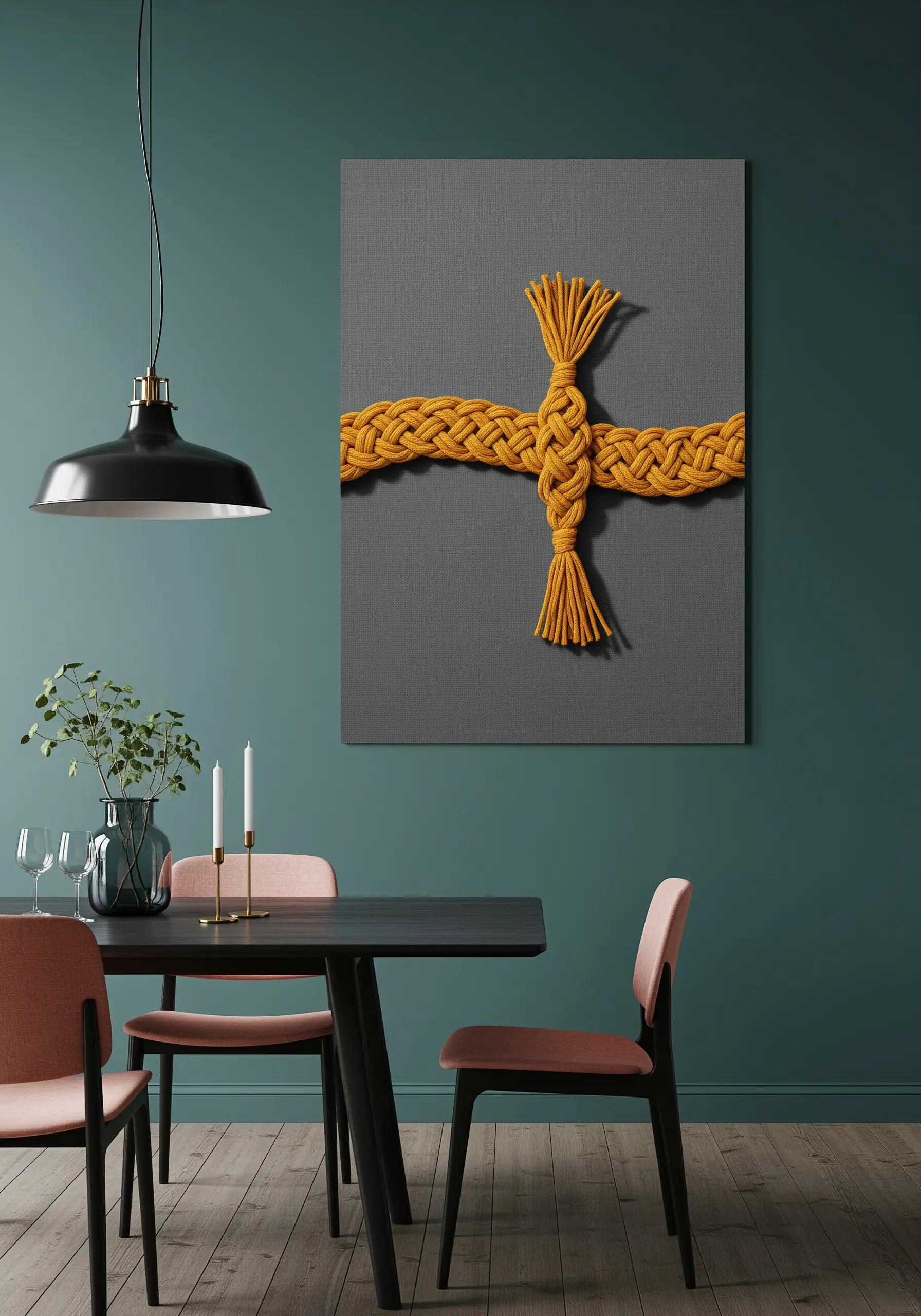 A single, thick braid of yellow yarn tied in a cross shape, couched onto a grey canvas.