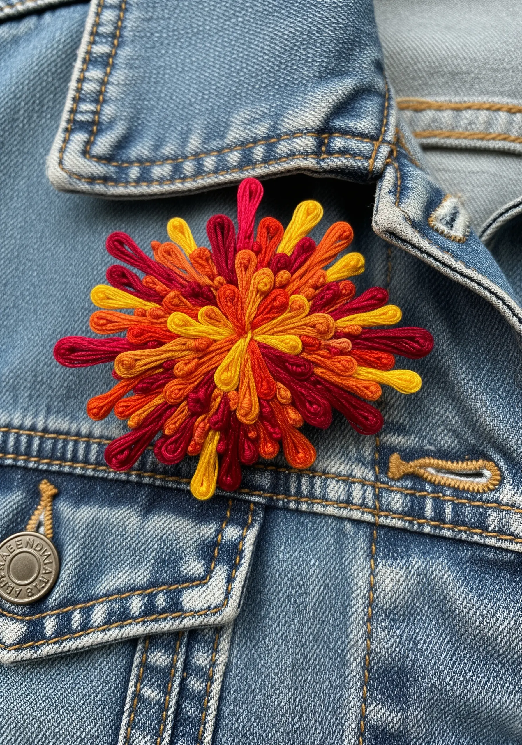 A vibrant, 3D thread-work brooch in red, orange, and yellow on a denim jacket.