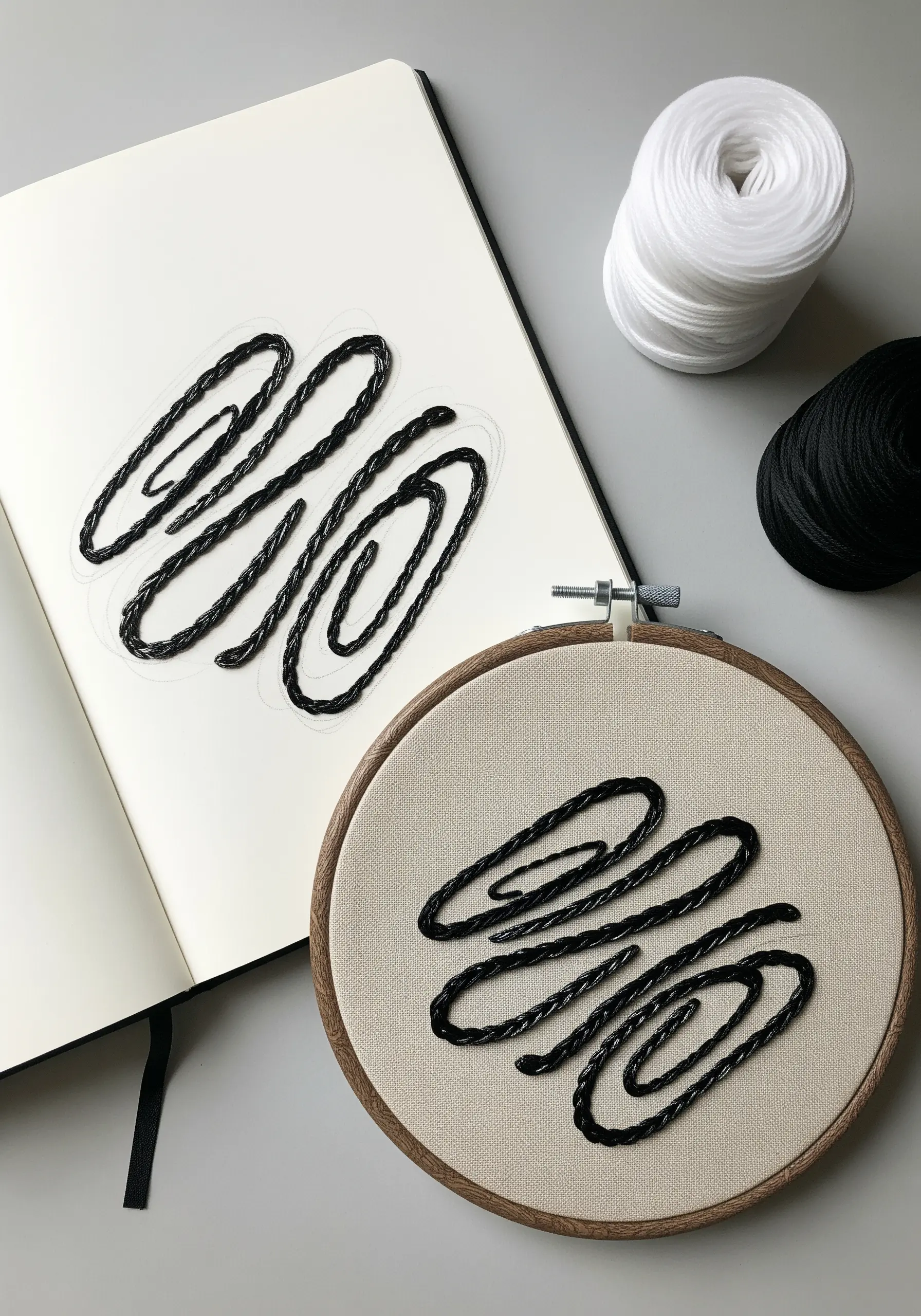A bold, black abstract calligraphic symbol rendered in padded satin stitch.